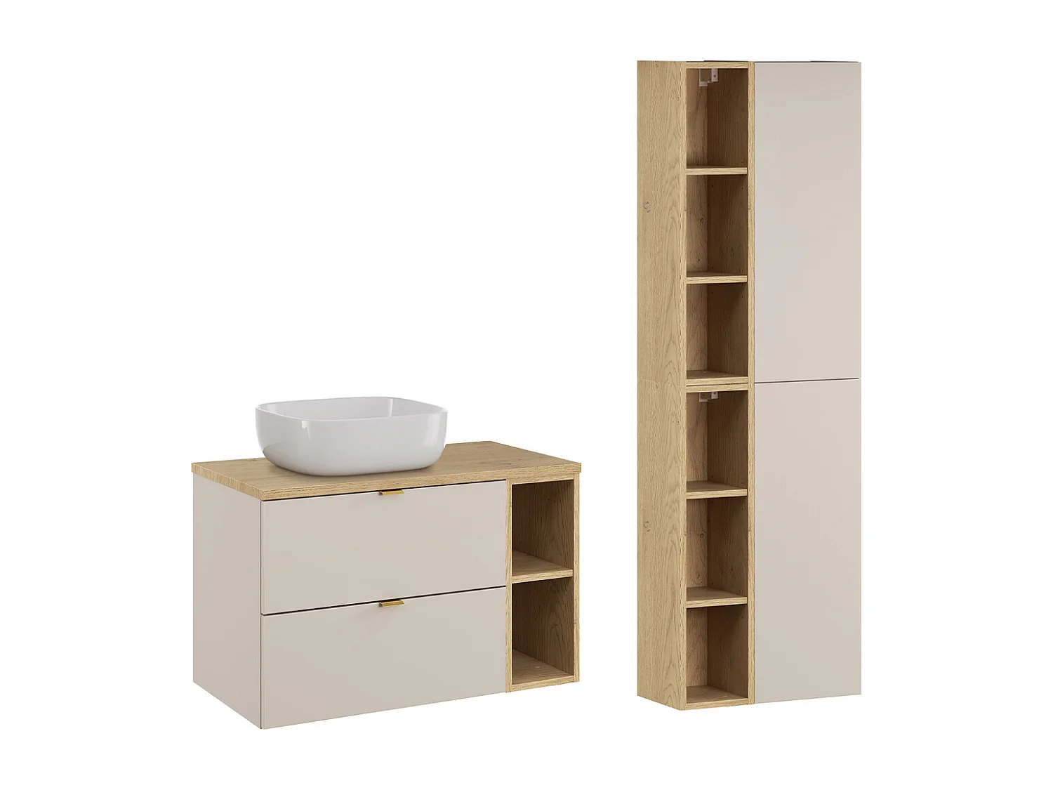 Ensemble meuble simple vasque 80cm 2 niches et colonne Azel Cachemire et Bois
