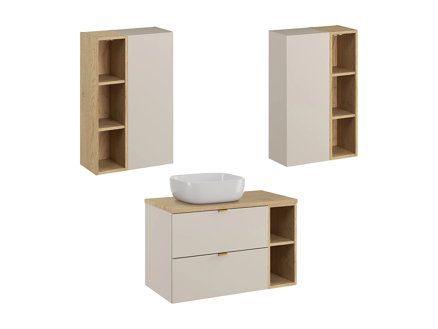 Ensemble meuble simple vasque 80cm 2 niches et colonne Azel Cachemire et Bois