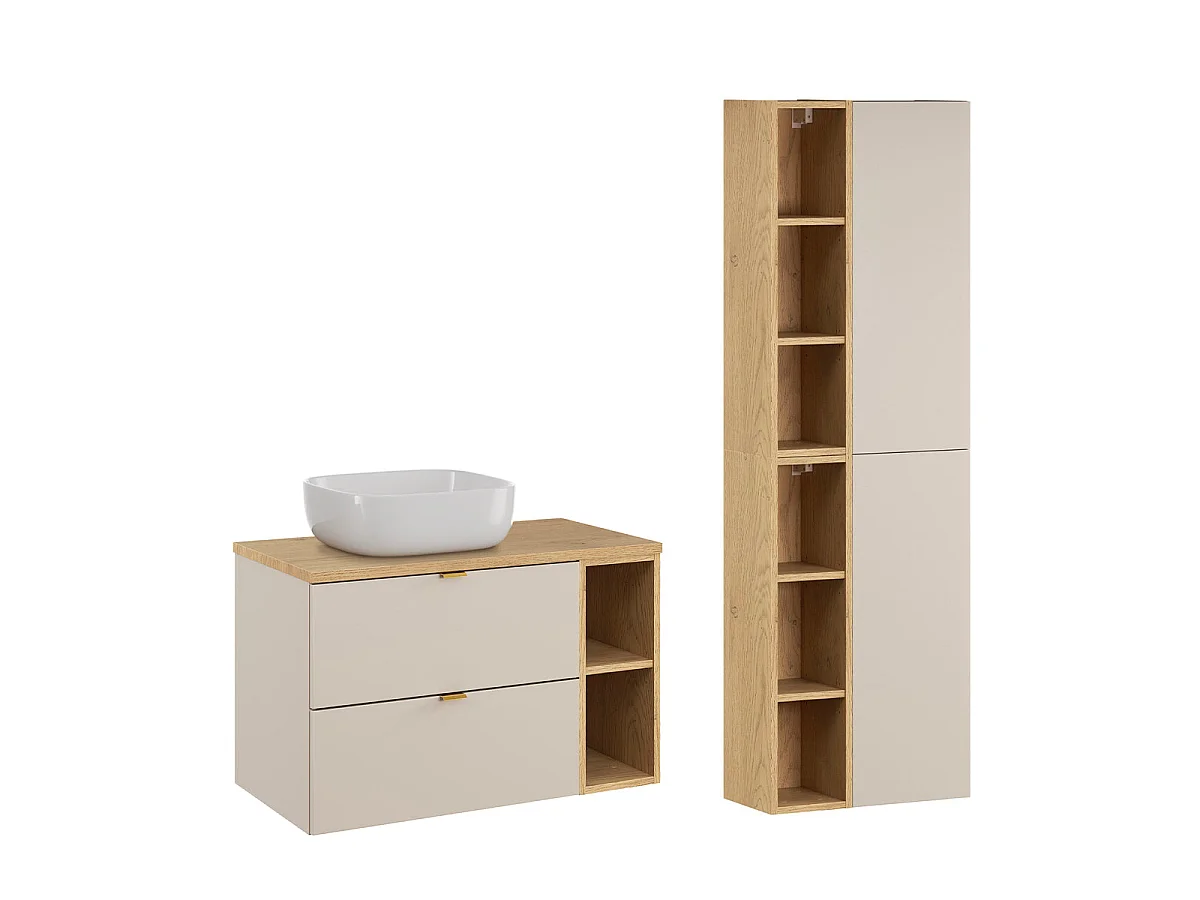 Ensemble meuble simple vasque 80cm 2 niches et colonne Azel Cachemire et Bois