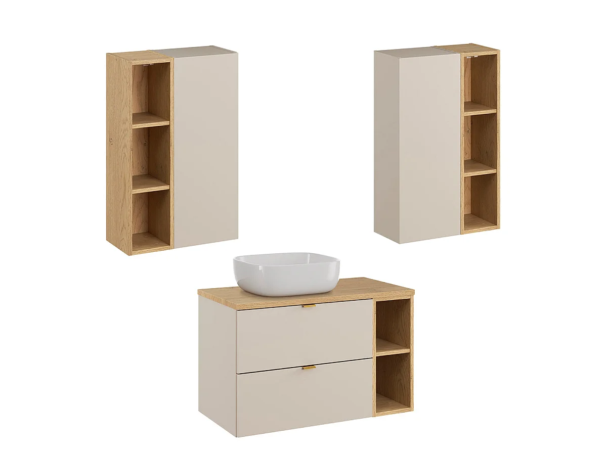 Ensemble meuble simple vasque 80cm 2 niches et colonne Azel Cachemire et Bois