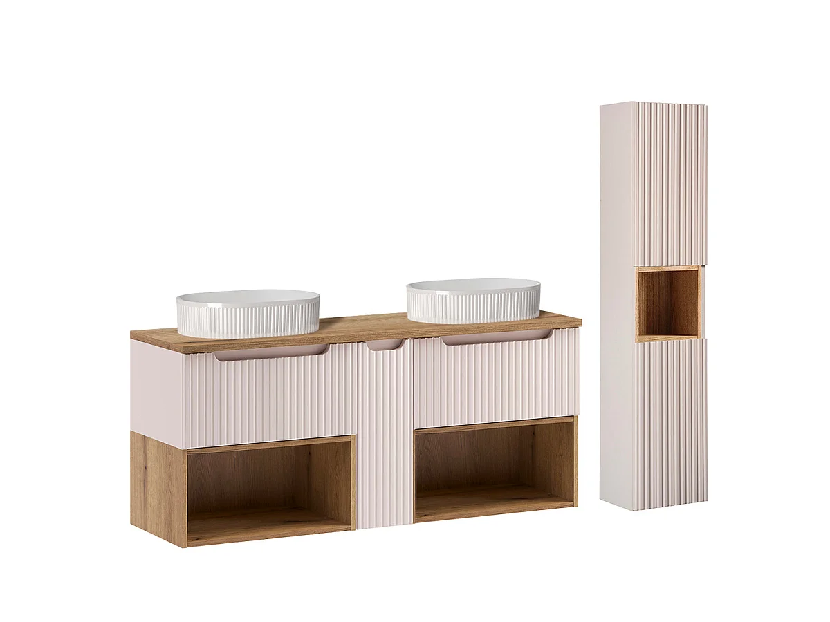 Ensemble meuble double vasque 140cm et colonne Riva Cachemire et Bois