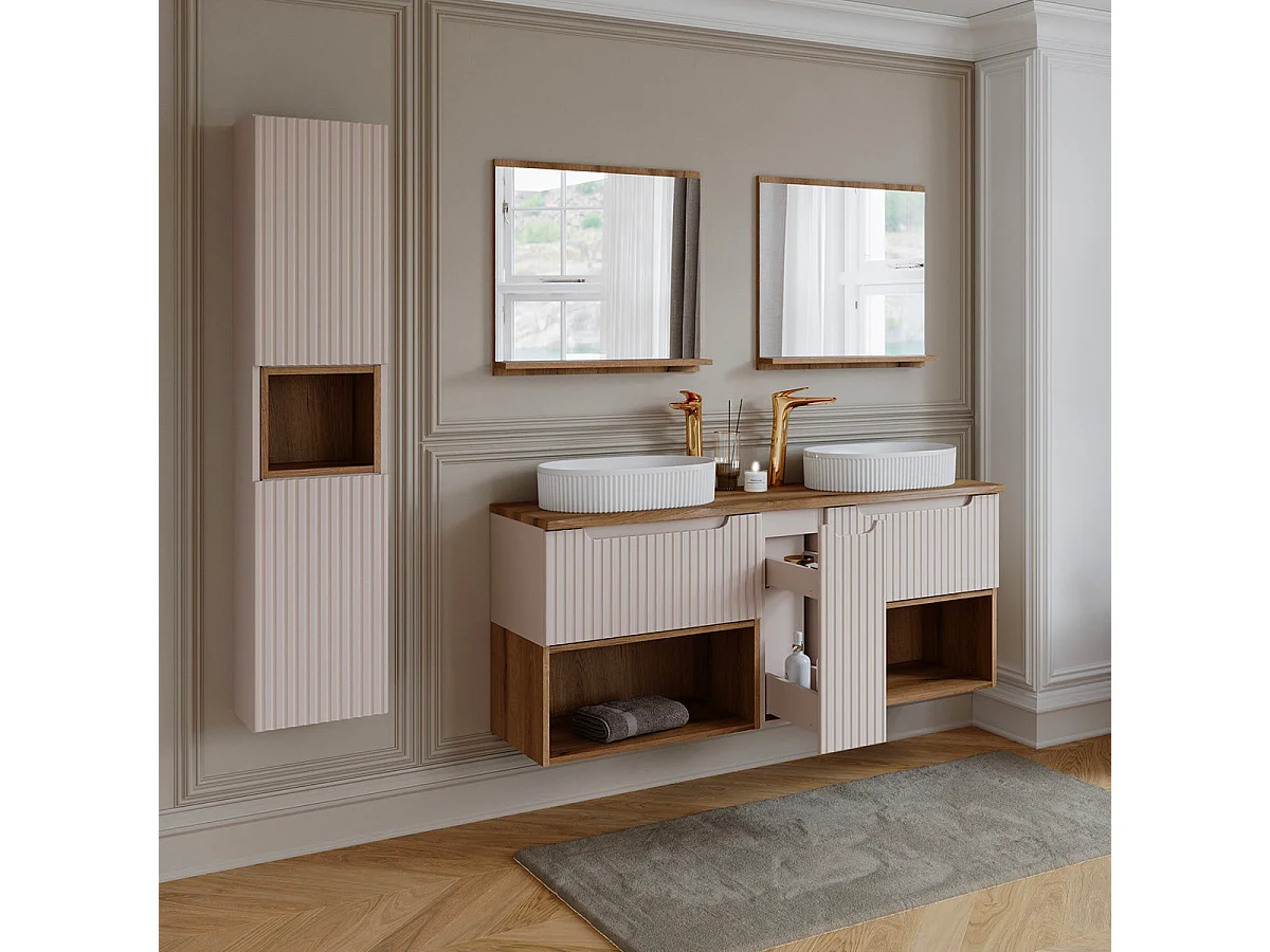 Ensemble meuble double vasque 140cm et colonne Riva Cachemire et Bois