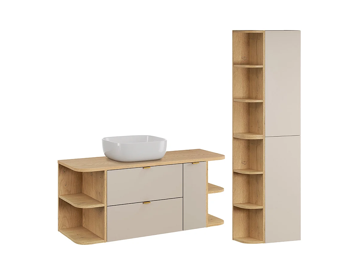 Ensemble meuble simple vasque 120cm 3 tiroirs niches arrondies et colonne Azel Cachemire et Bois