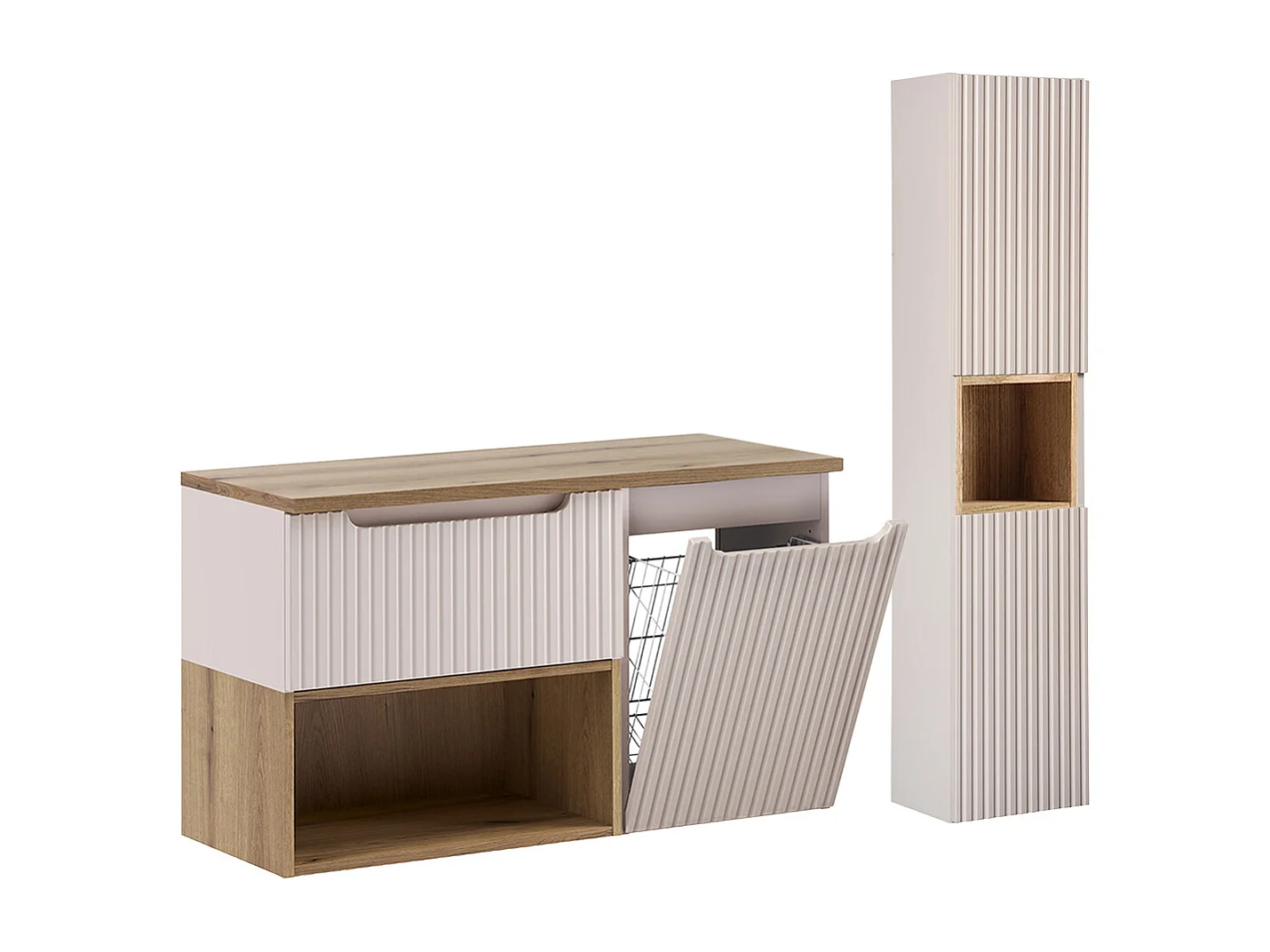 Ensemble meuble sous-vasque 100cm panier à linge et colonne Riva Cachemire et Bois