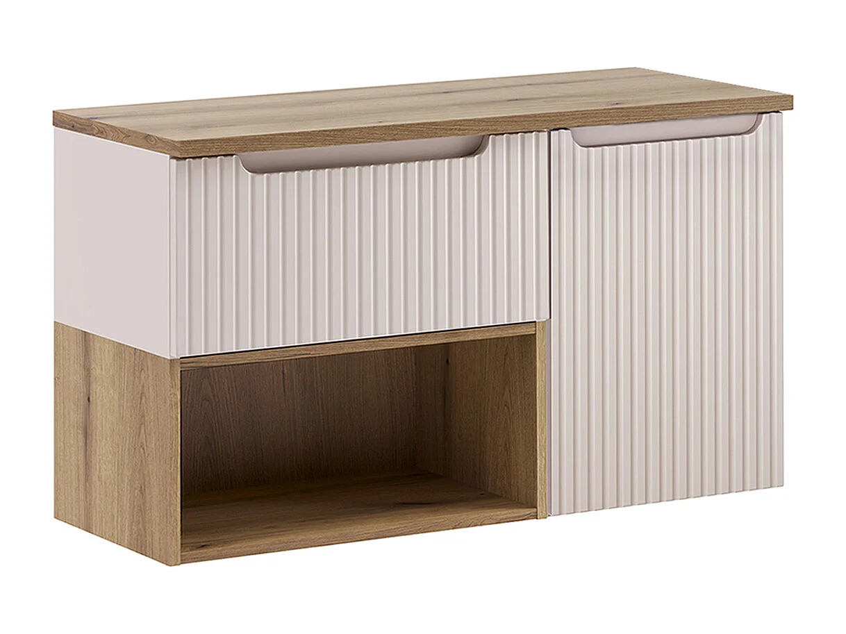 Ensemble meuble sous-vasque 100cm panier à linge et colonne Riva Cachemire et Bois