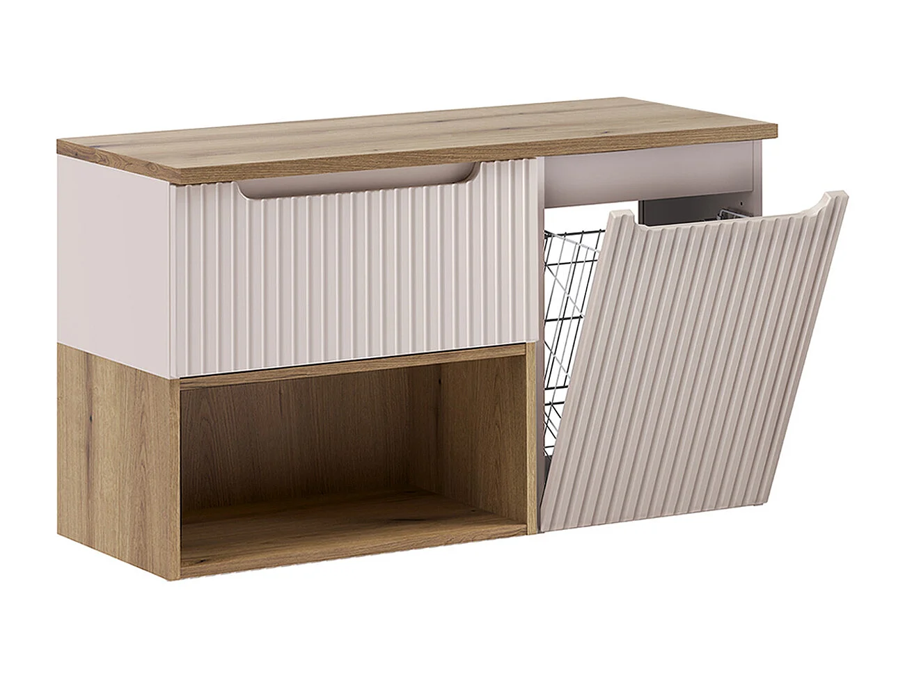 Ensemble meuble sous-vasque 100cm panier à linge et colonne Riva Cachemire et Bois