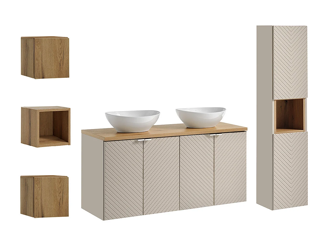 Set med 120 cm dubbeltvättställ med 4 pelardörrar och 3 väggskåp i Manoa Cashmere och trä