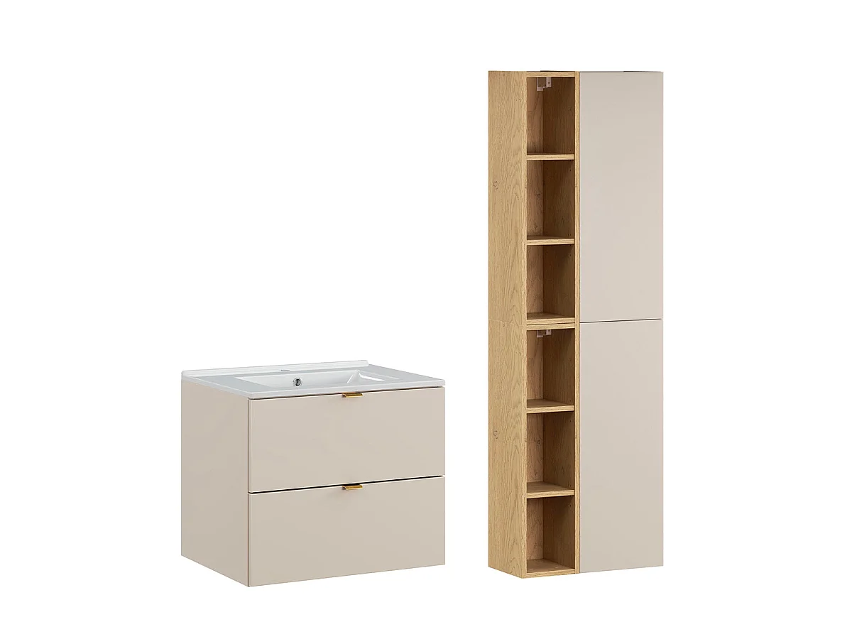 Ensemble meuble simple vasque encastrée 60cm et colonne Azel Cachemire et Bois