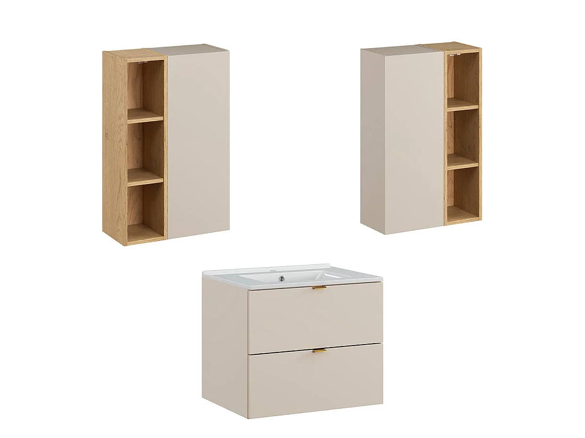Ensemble meuble simple vasque encastrée 60cm et colonne Azel Cachemire et Bois