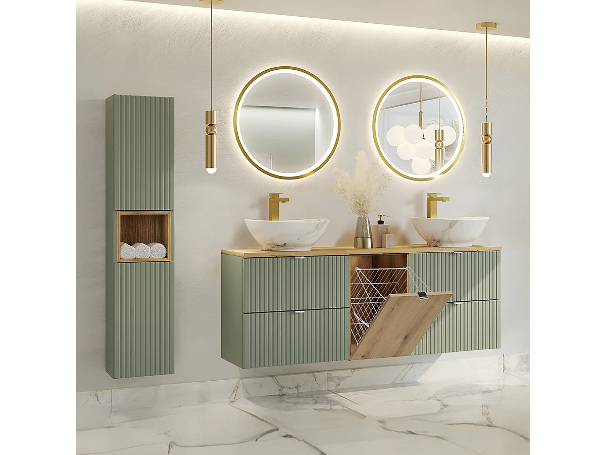 Ensemble meuble double vasque 160cm panier à linge et colonne Jade Vert et Bois