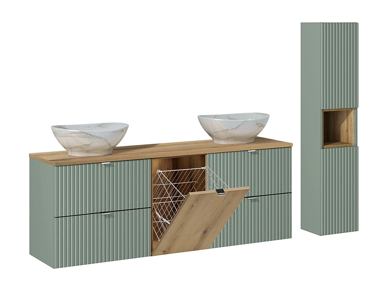 Ensemble meuble double vasque 160cm panier à linge et colonne Jade Vert et Bois