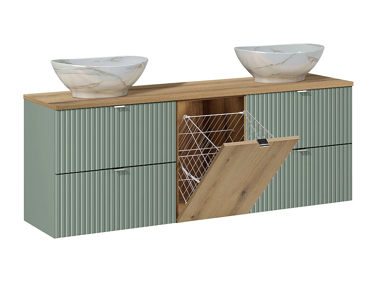 Ensemble meuble double vasque 160cm panier à linge et colonne Jade Vert et Bois