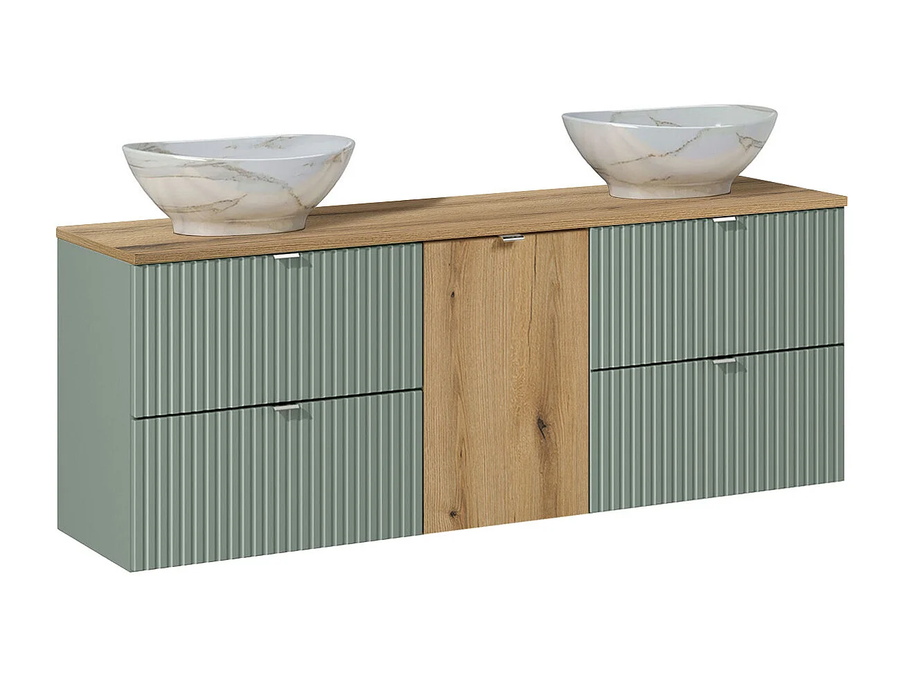 Ensemble meuble double vasque 160cm panier à linge et colonne Jade Vert et Bois