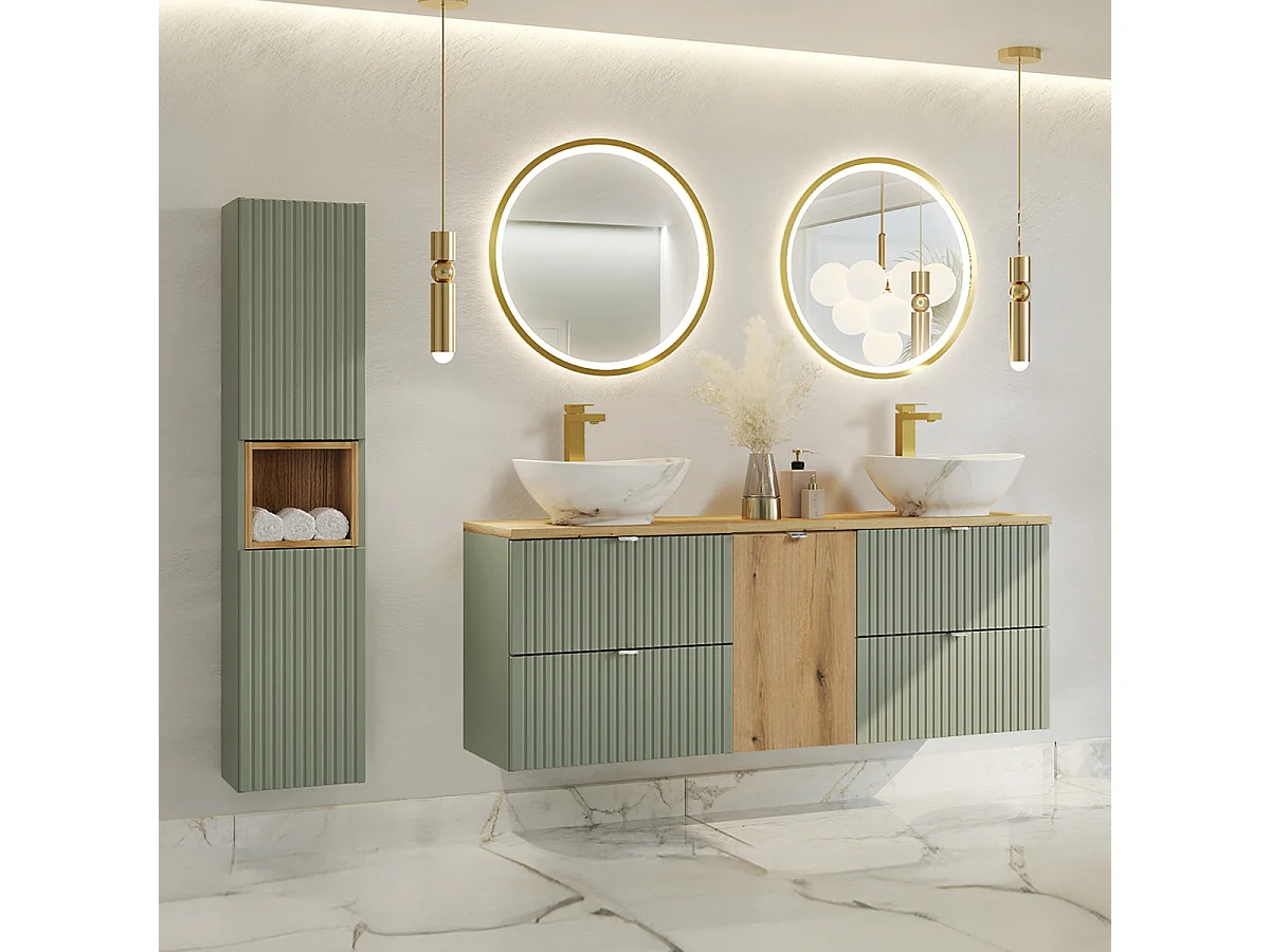 Ensemble meuble double vasque 160cm panier à linge et colonne Jade Vert et Bois