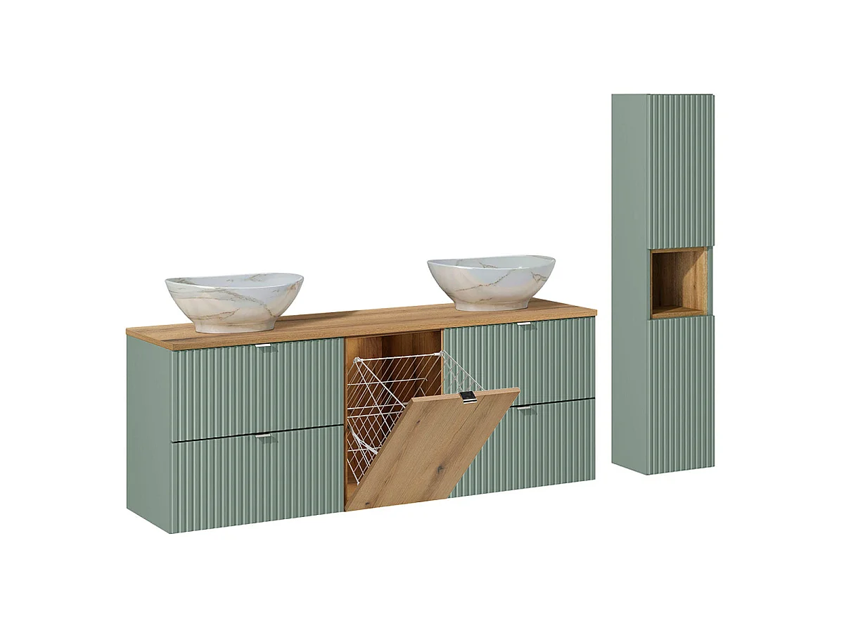 Set van 160cm dubbele wastafel met wasmand en Jade groen en houten pilaar