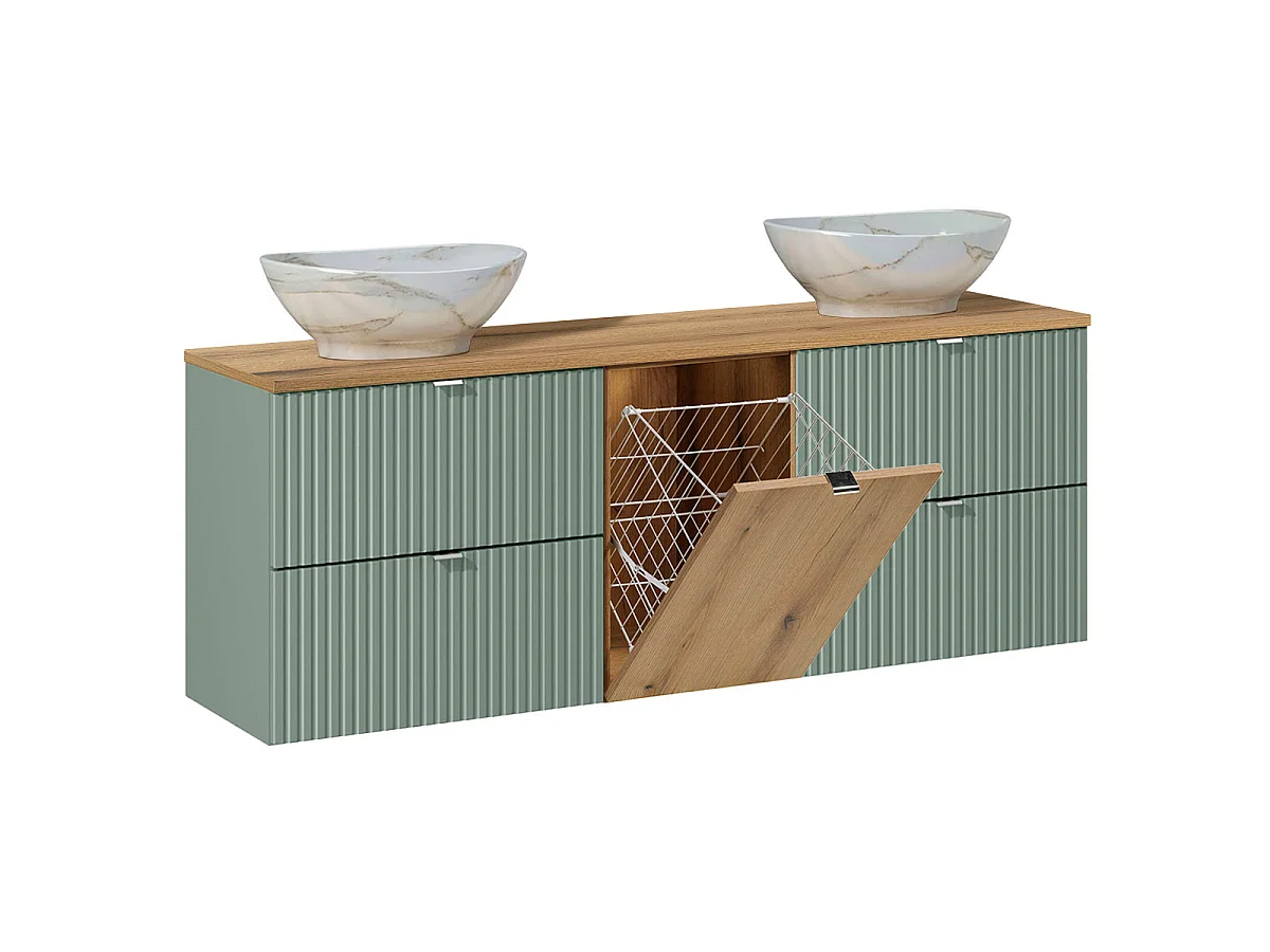 Set van 160cm dubbele wastafel met wasmand en Jade groen en houten pilaar