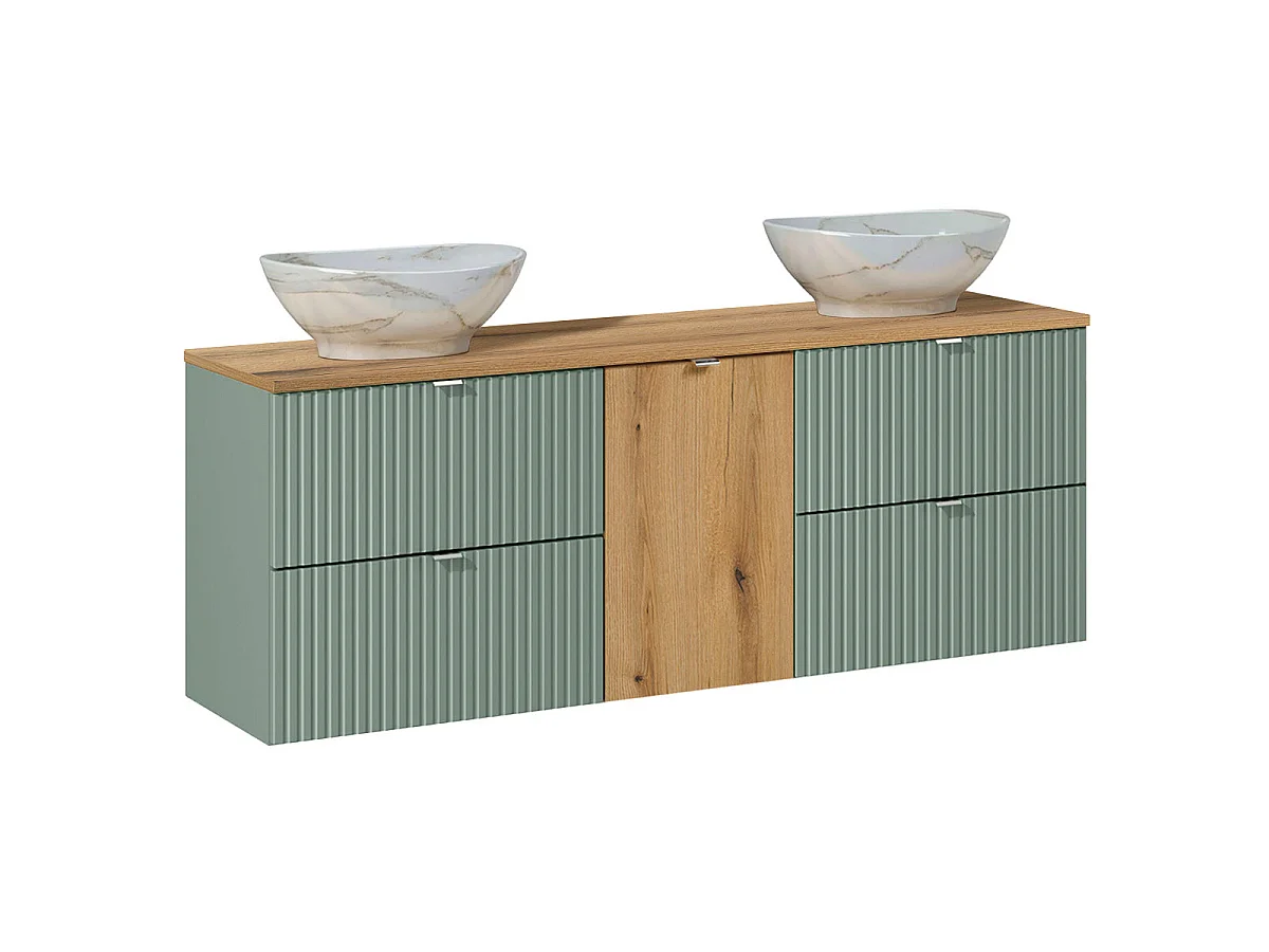Set van 160cm dubbele wastafel met wasmand en Jade groen en houten pilaar