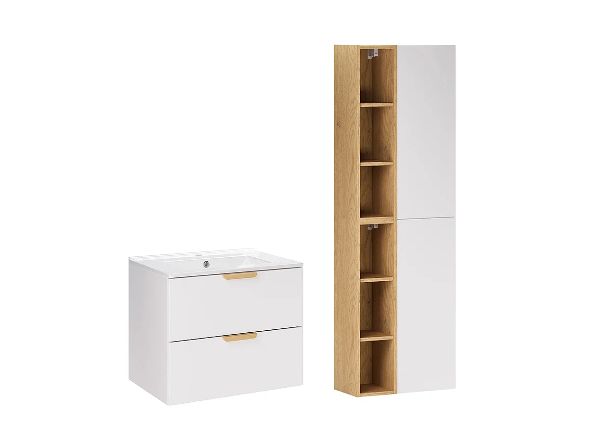 Ensemble meuble simple vasque encastrée 60cm et colonne Oria Blanc mat