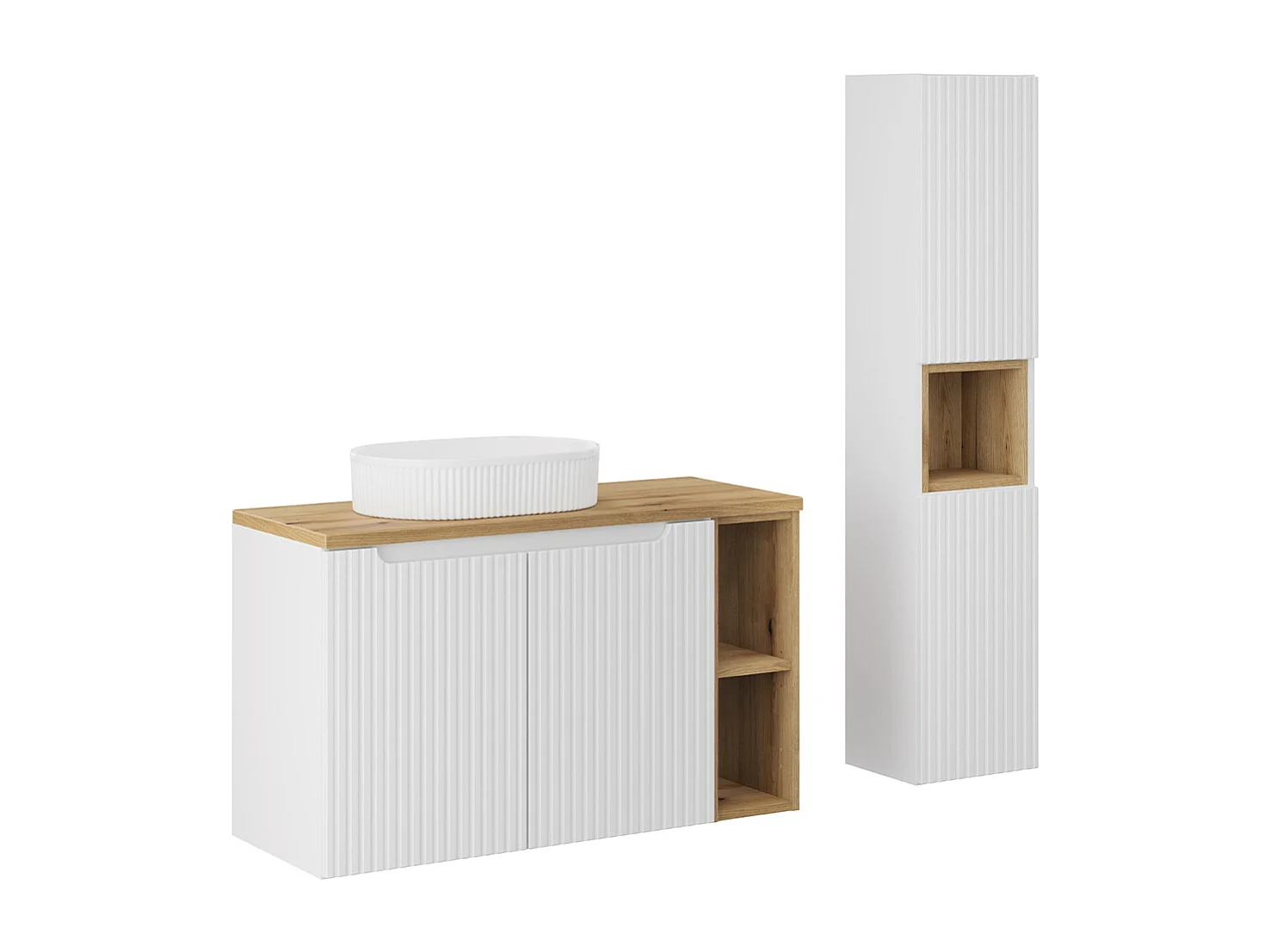 Ensemble meuble simple vasque 100cm 2 portes 2 niches et colonne Riva Blanc et Bois