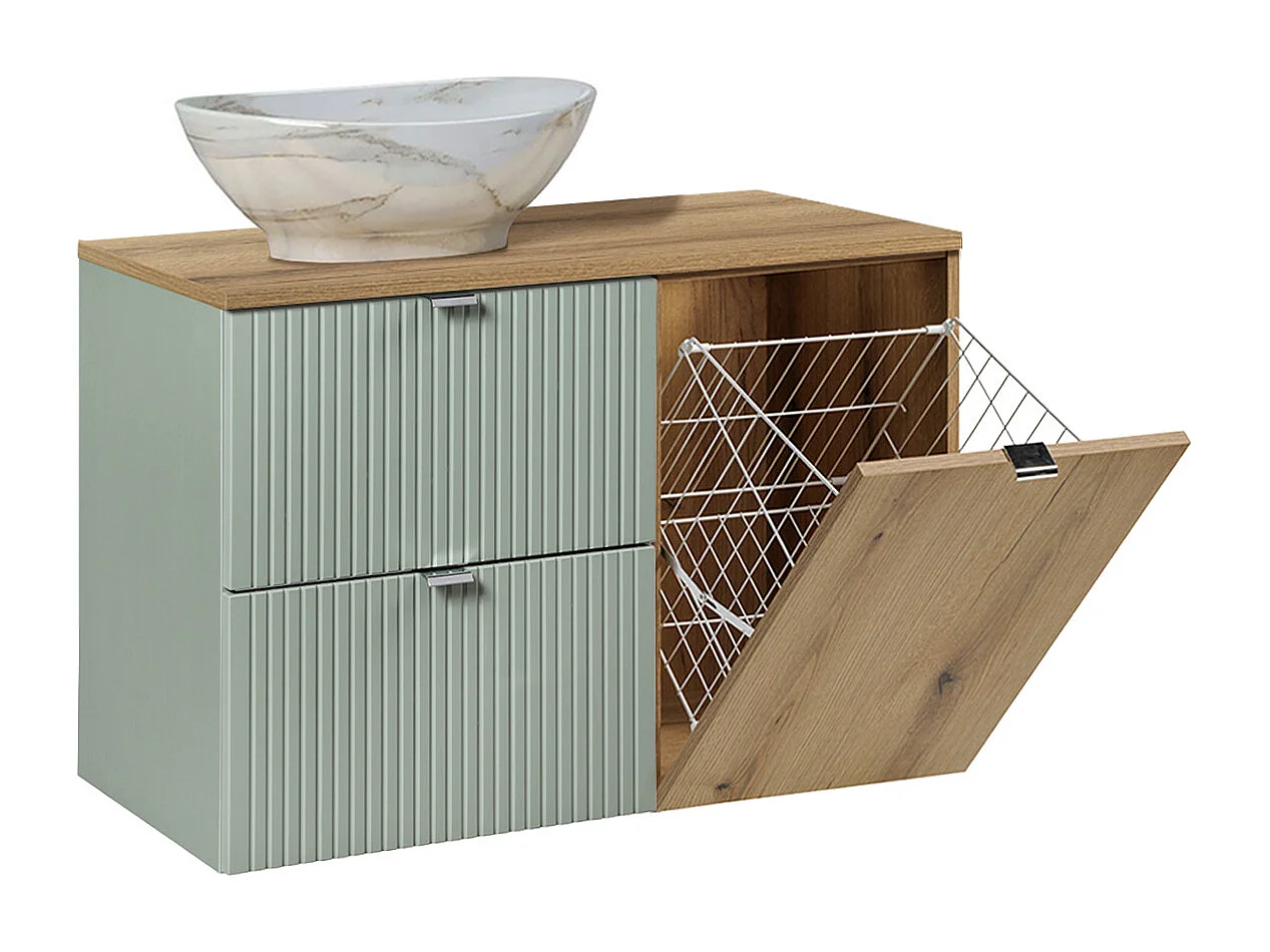 Ensemble meuble simple vasque 90cm panier à linge et colonne Jade Vert et Bois