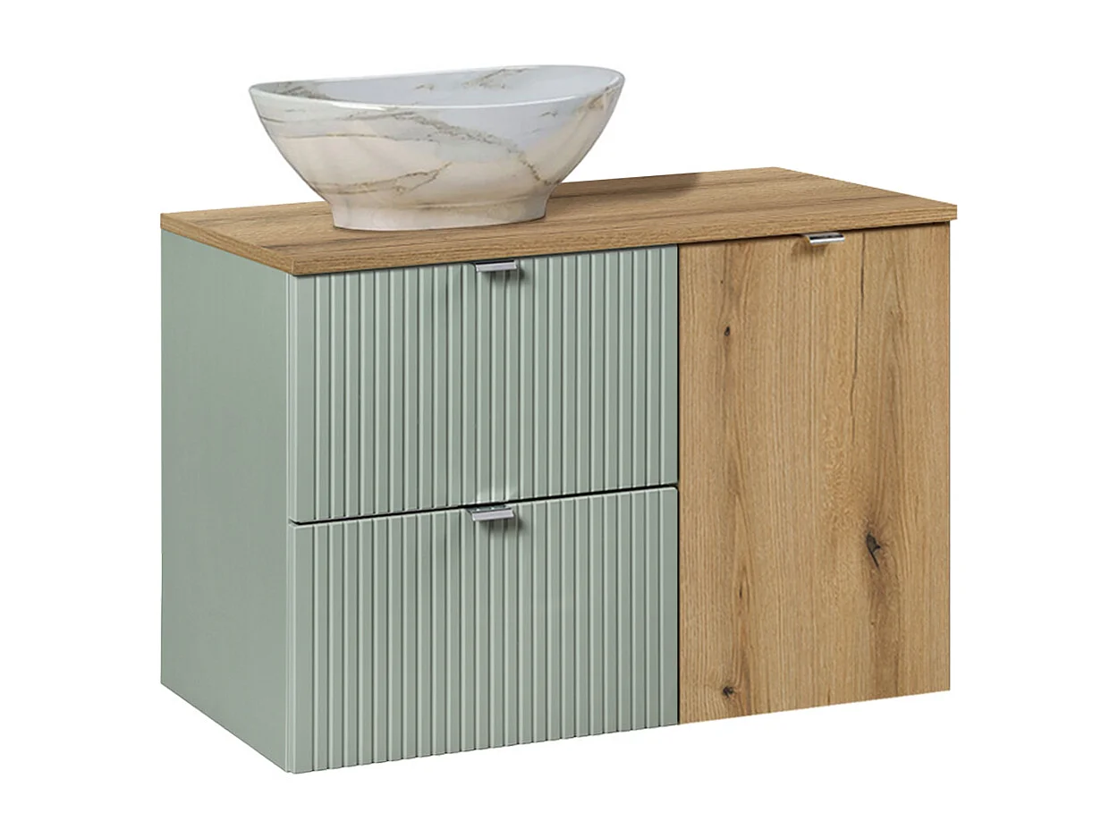 Ensemble meuble simple vasque 90cm panier à linge et colonne Jade Vert et Bois