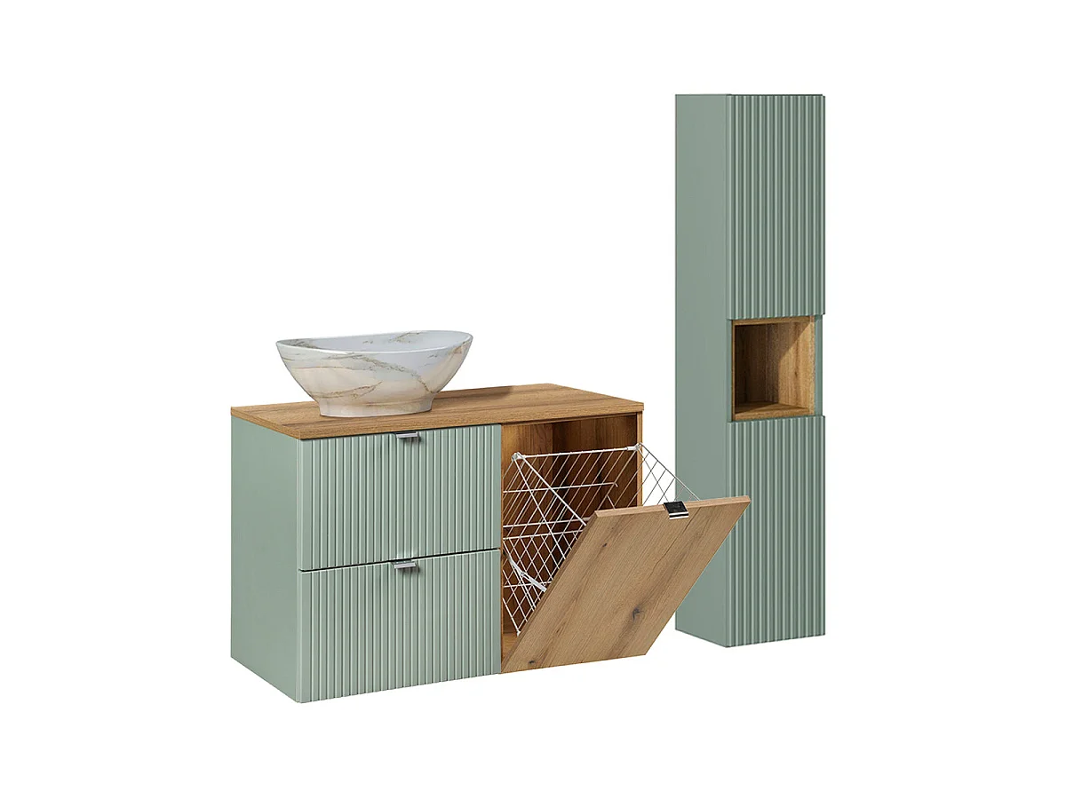 Ensemble meuble simple vasque 90cm panier à linge et colonne Jade Vert et Bois