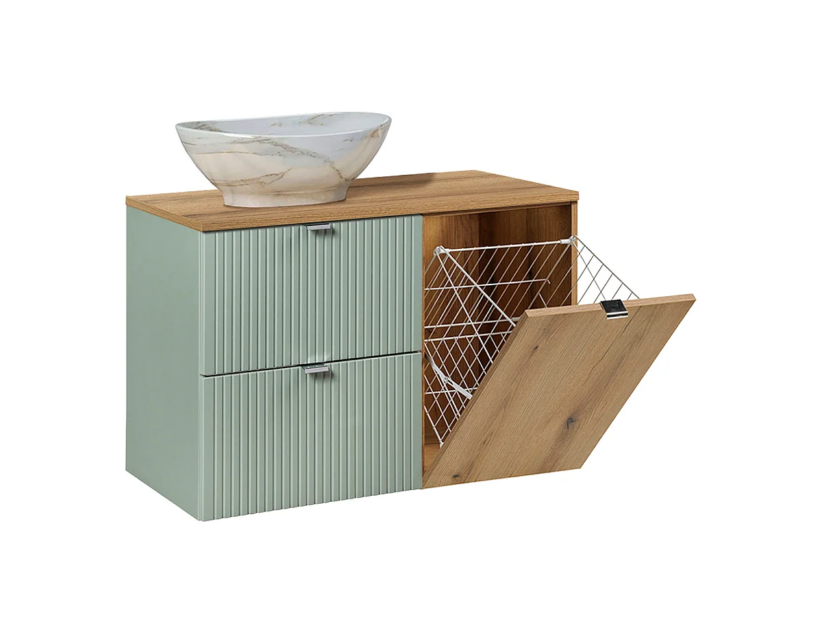 Ensemble meuble simple vasque 90cm panier à linge et colonne Jade Vert et Bois