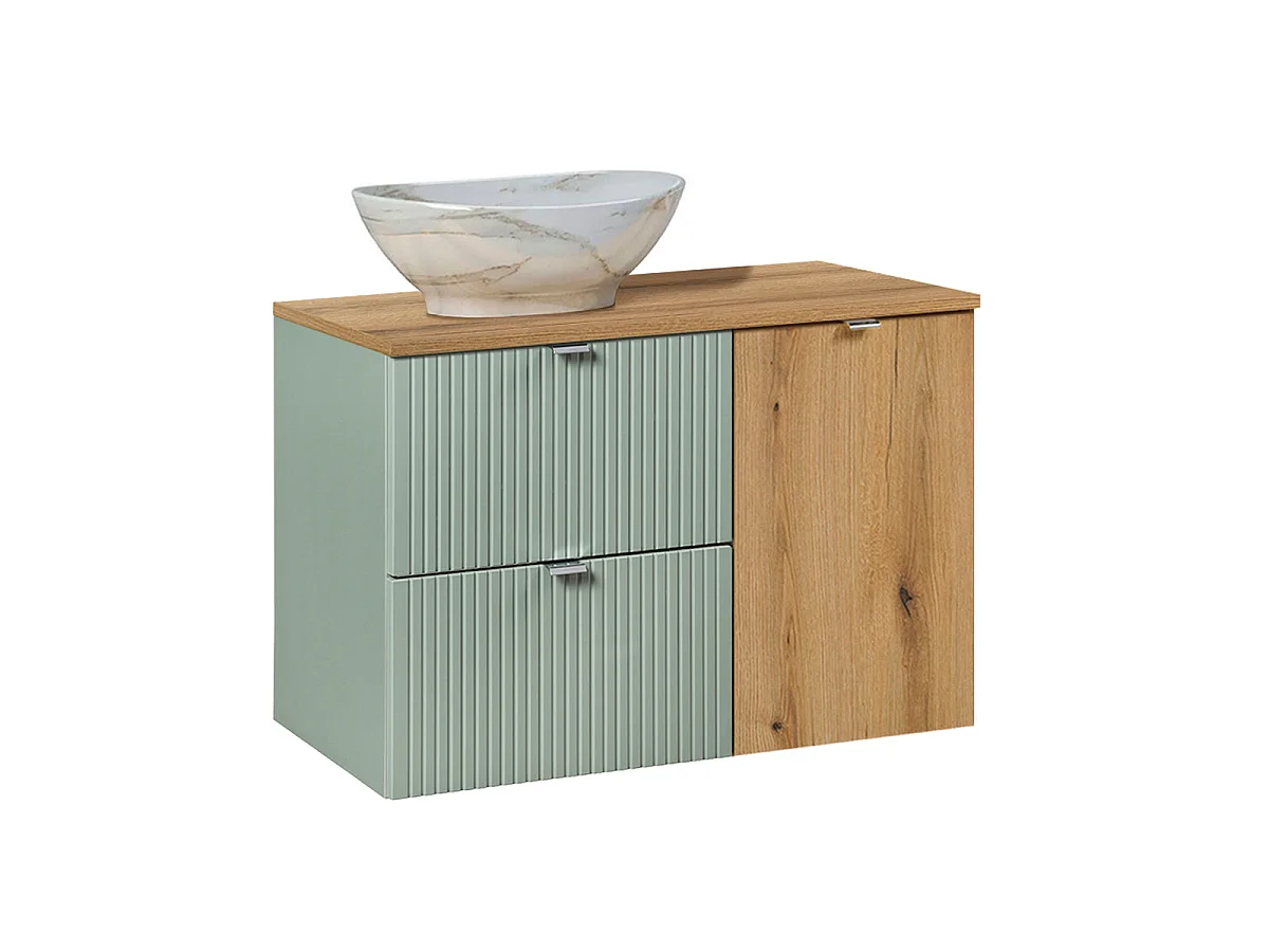 Ensemble meuble simple vasque 90cm panier à linge et colonne Jade Vert et Bois