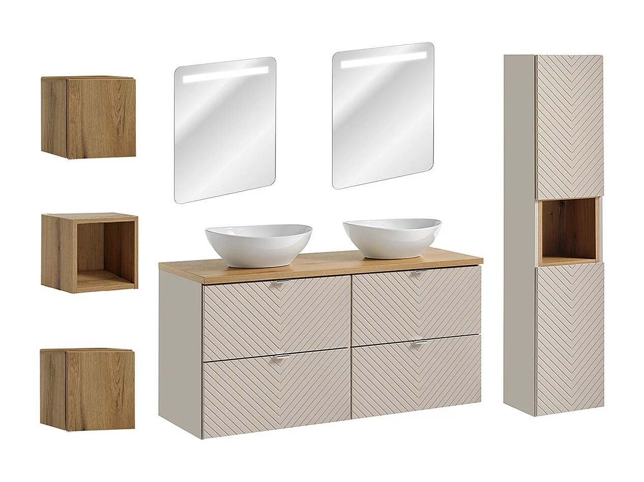 Set di mobiletto doppio 120 cm con specchi LED e 3 pensili Manoa cashmere e legno