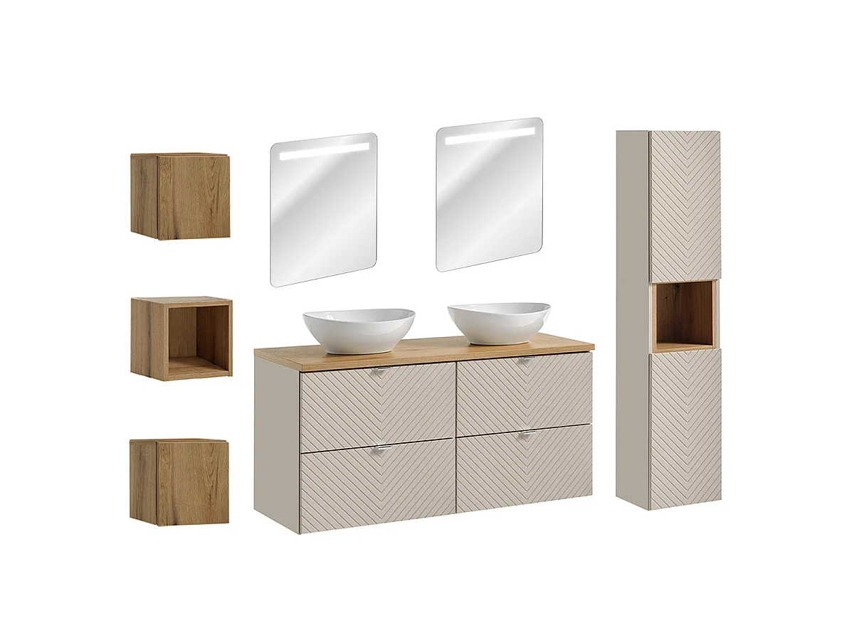 Ensemble meuble double vasque 120cm 4 tiroirs miroirs LED colonne et 3 armoires murales Manoa Cachemire et Bois
