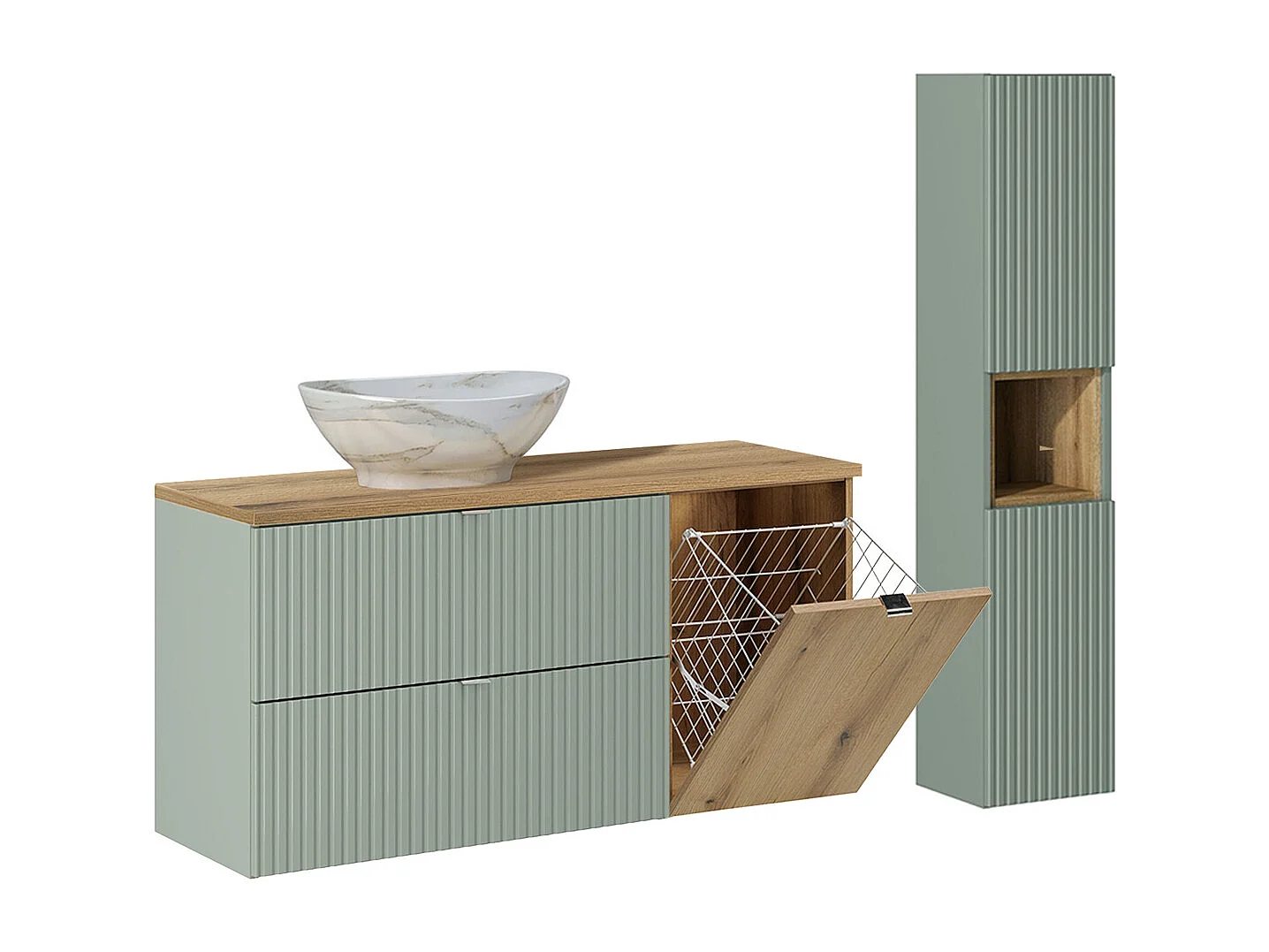 Ensemble meuble simple vasque 120cm panier à linge et colonne Jade Vert et Bois