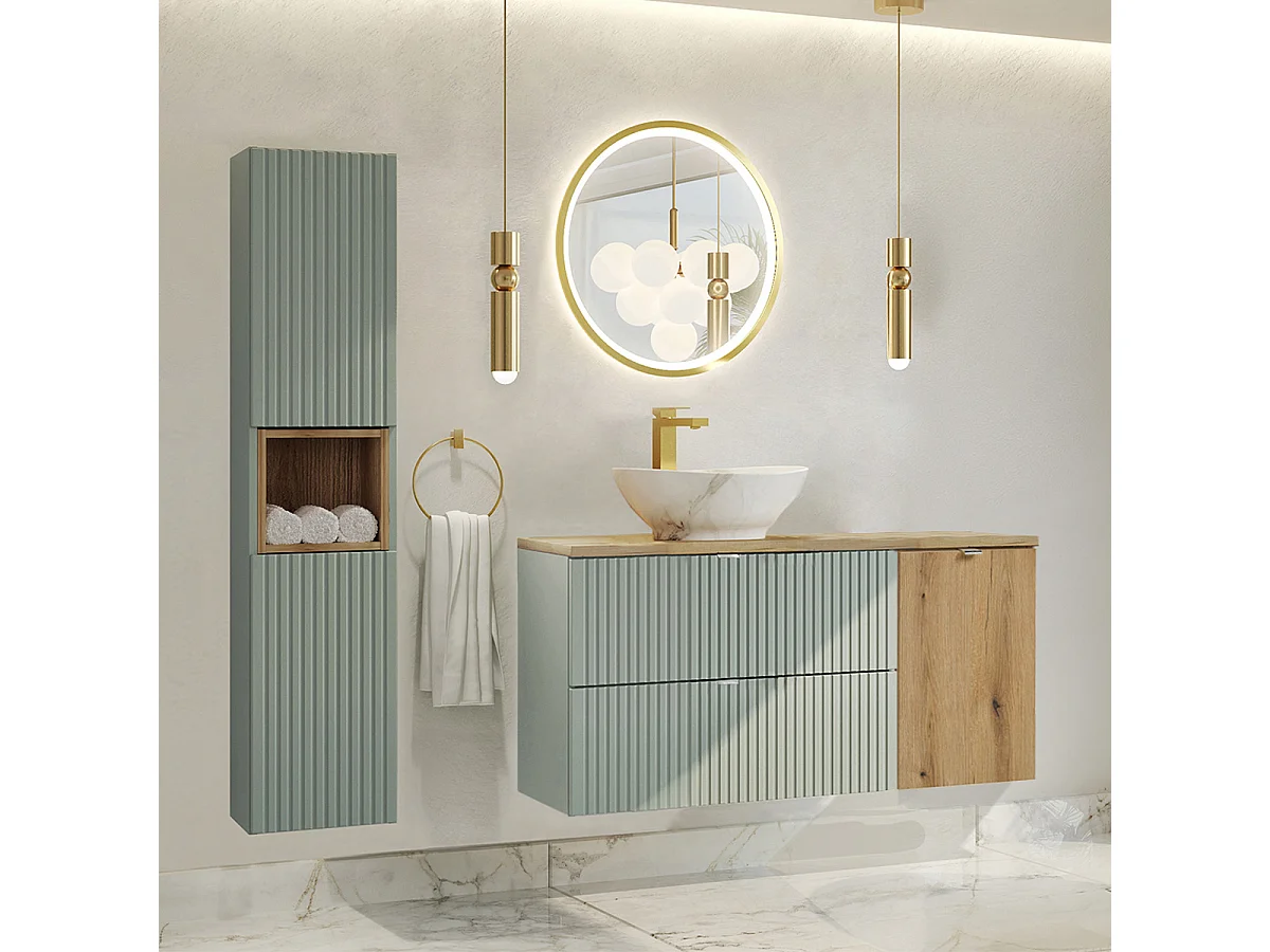 Ensemble meuble simple vasque 120cm panier à linge et colonne Jade Vert et Bois