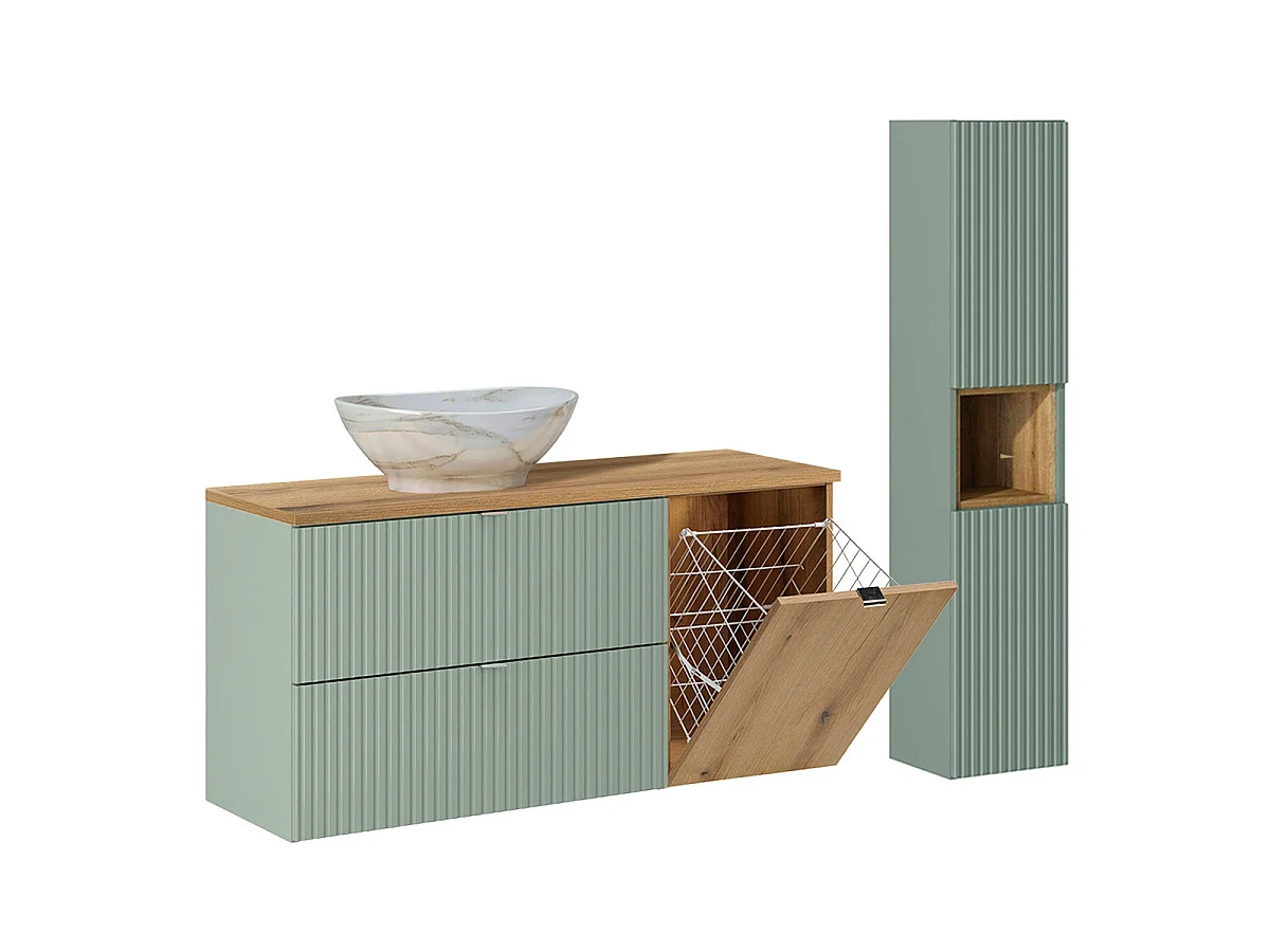 Ensemble meuble simple vasque 120cm panier à linge et colonne Jade Vert et Bois