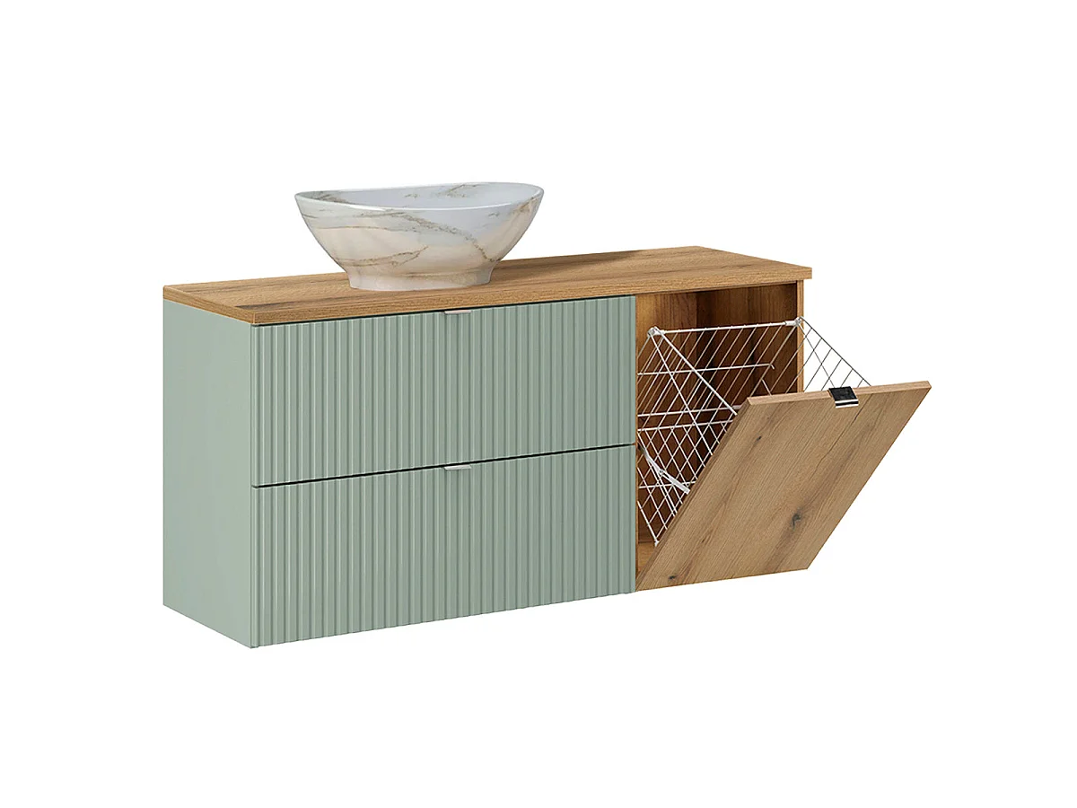 Ensemble meuble simple vasque 120cm panier à linge et colonne Jade Vert et Bois