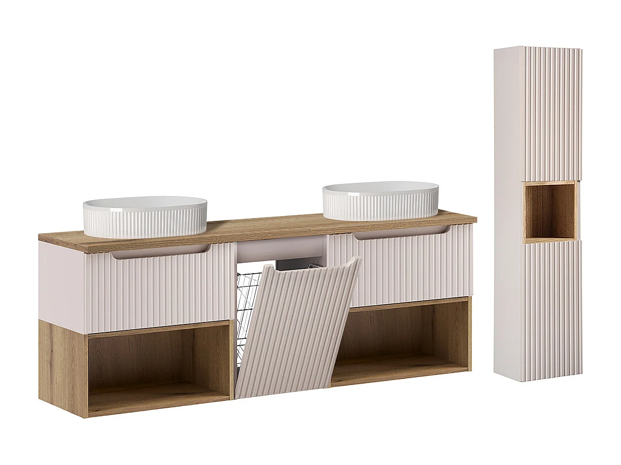 Ensemble meuble double vasque 160cm panier à linge niches et colonne Riva Cachemire et Bois