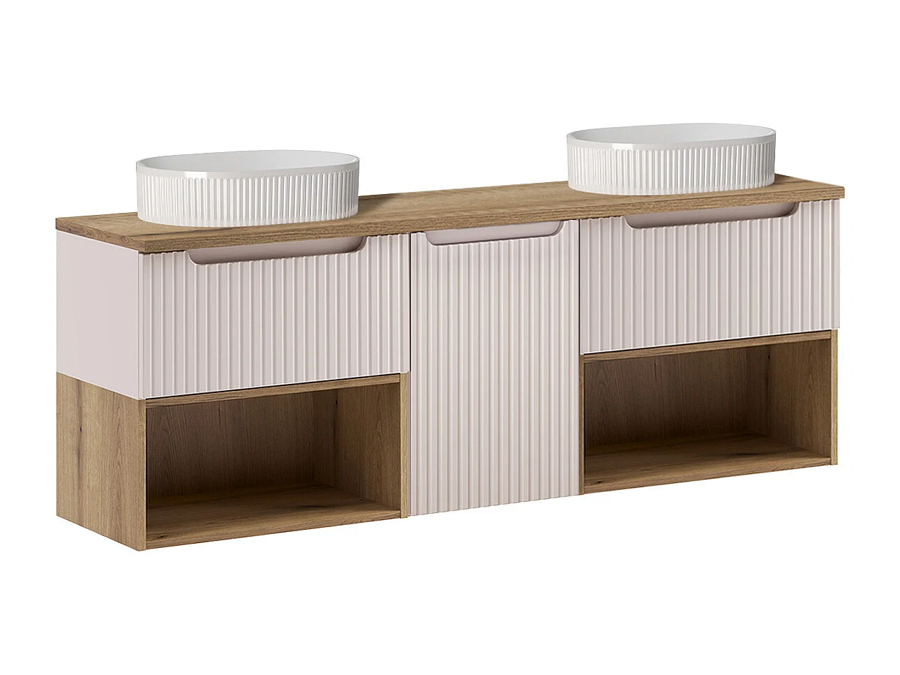 Ensemble meuble double vasque 160cm panier à linge niches et colonne Riva Cachemire et Bois