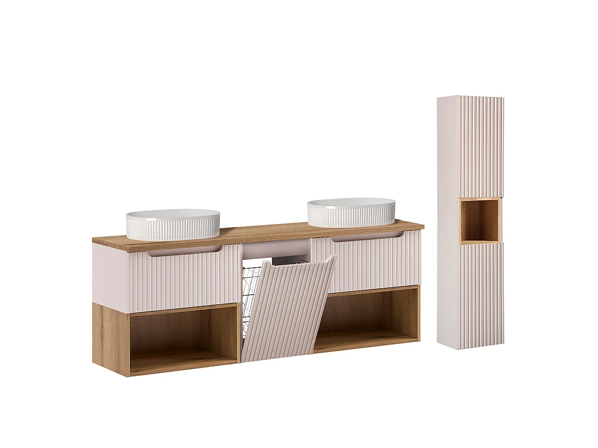 Insieme mobile lavabo doppio 160cm cesto portabiancheria nicchie e colonna Riva Cachemire e Legno