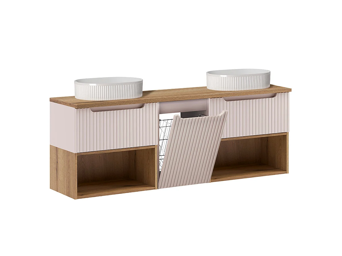 Insieme mobile lavabo doppio 160cm cesto portabiancheria nicchie e colonna Riva Cachemire e Legno