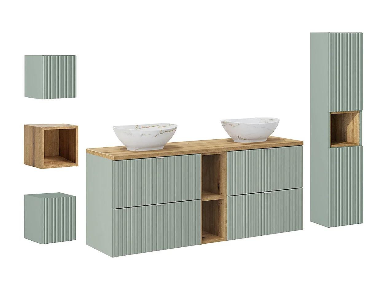 Ensemble meuble double vasque 140cm 4 tiroirs 2 niches colonne et 3 armoires murales Jade Vert et Bois