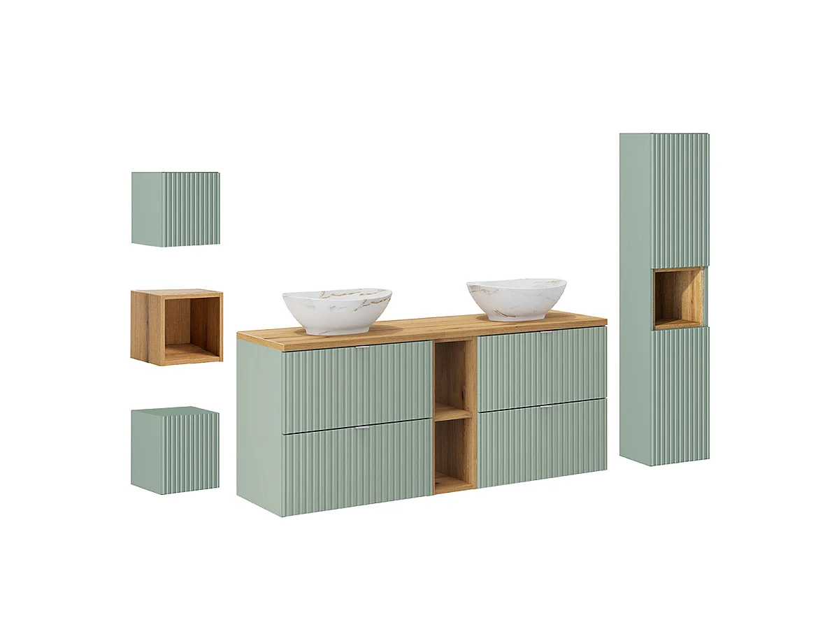 Dubbele wastafel 140cm 4 laden 2 nissen en 3 hangkasten Jade Groen en Hout