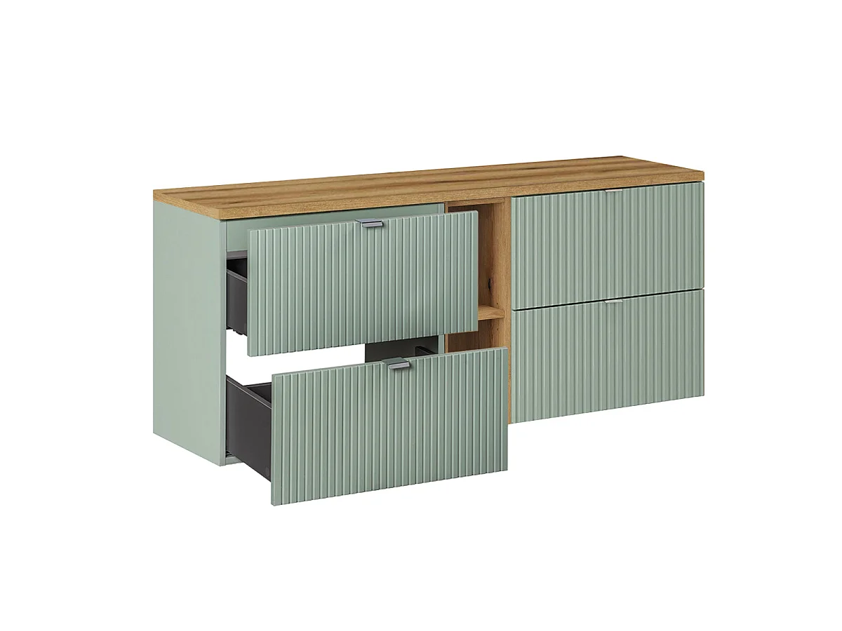 Dubbele wastafel 140cm 4 laden 2 nissen en 3 hangkasten Jade Groen en Hout