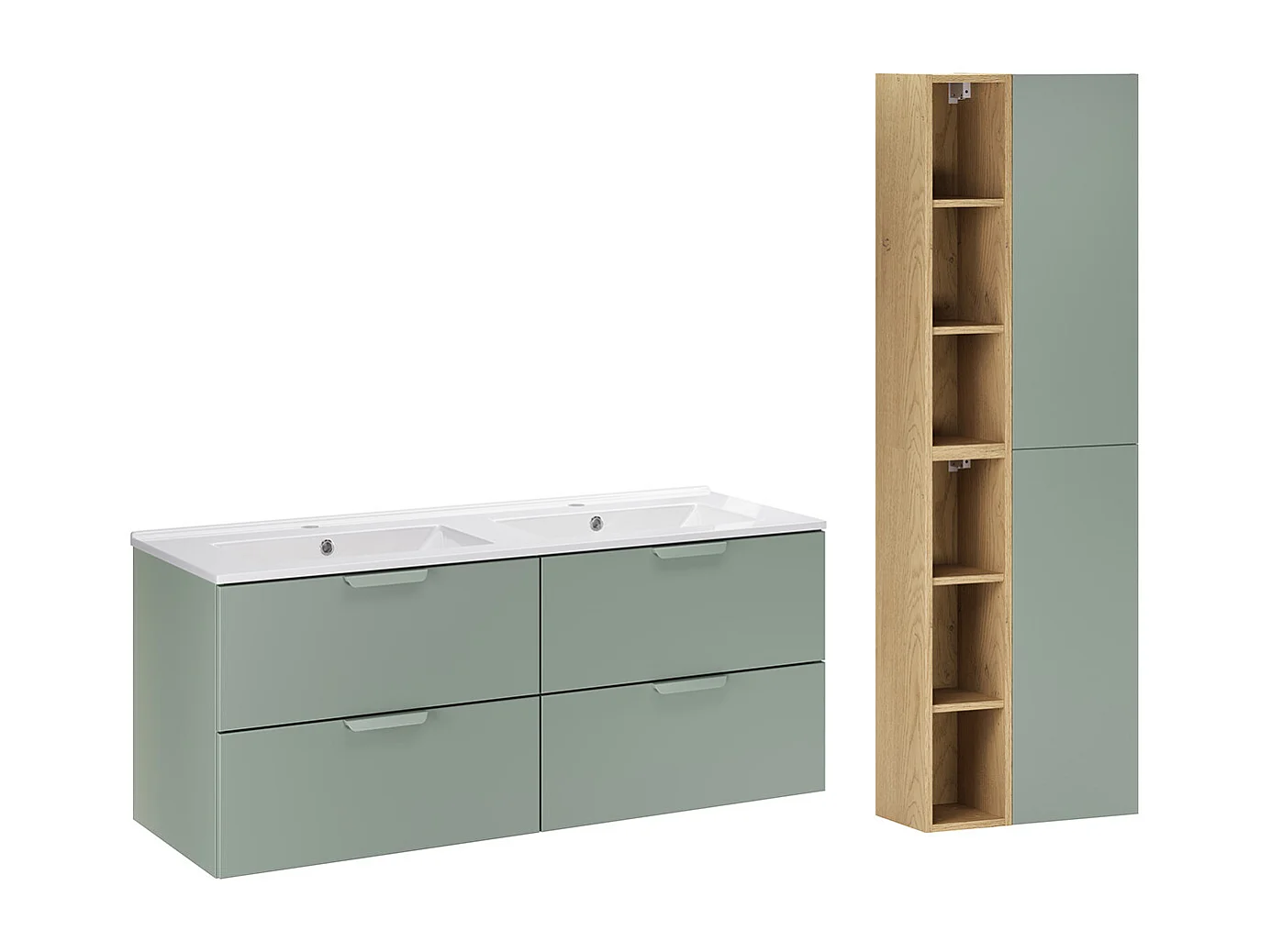 Ensemble meuble double vasque encastrée 120cm et colonne Oria Vert mat
