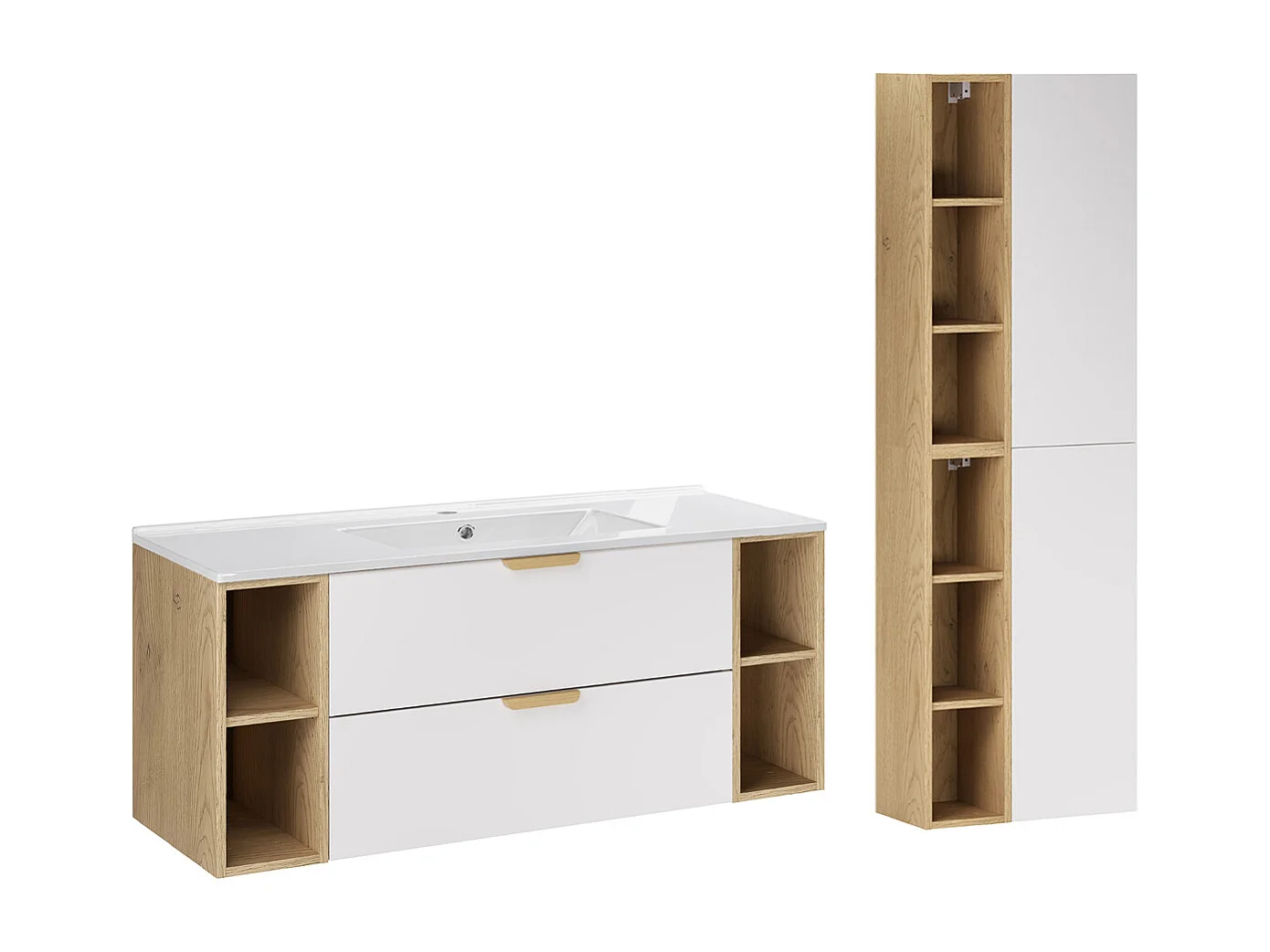 Ensemble meuble simple vasque encastrée 120cm 4 niches et colonne Oria Blanc mat