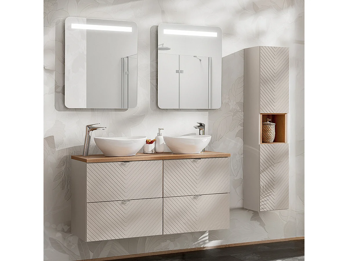 Mobiletto doppio 120 cm con specchi LED e set di colonne Manoa cashmere e legno