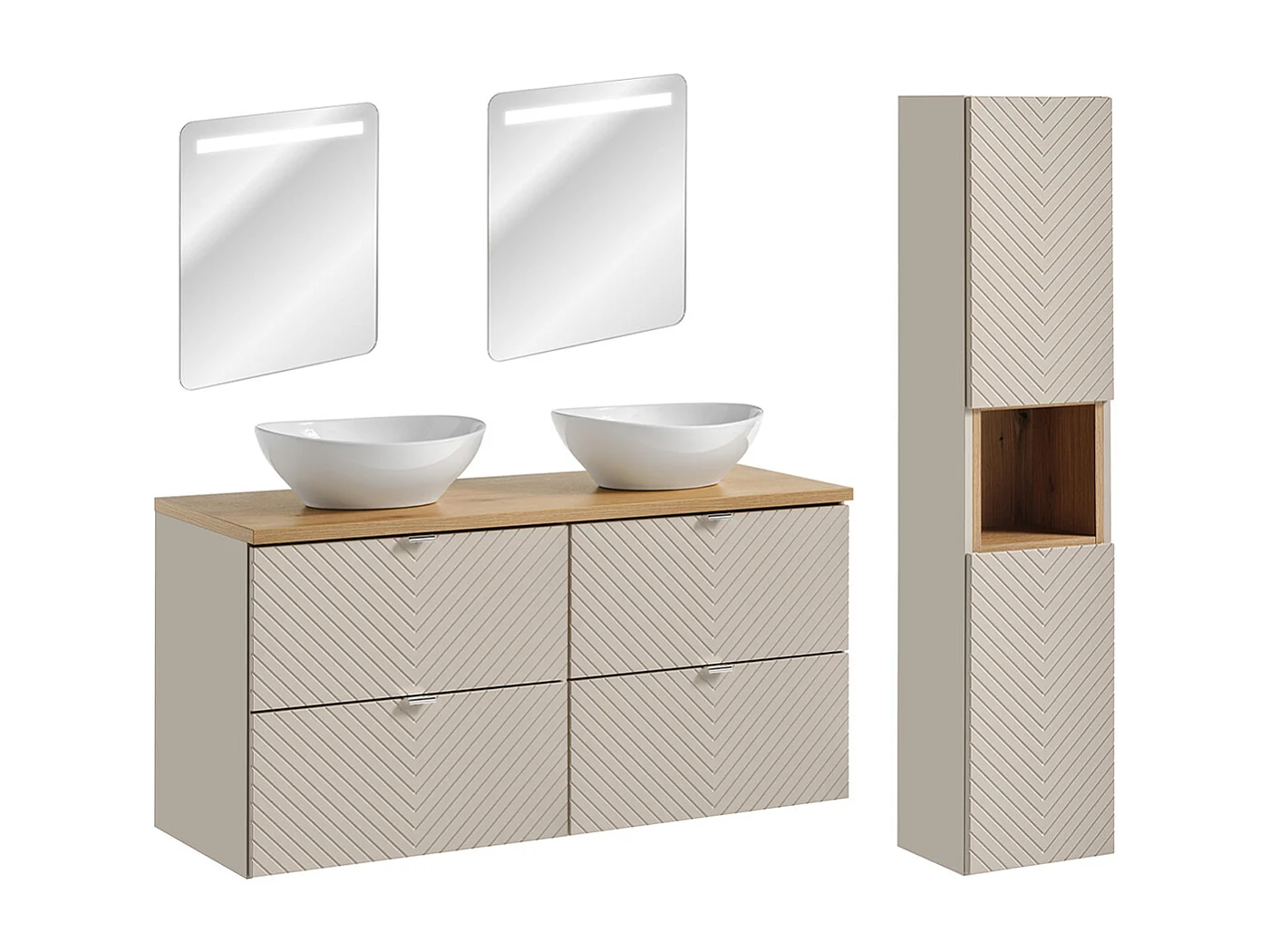 Mobiletto doppio 120 cm con specchi LED e set di colonne Manoa cashmere e legno