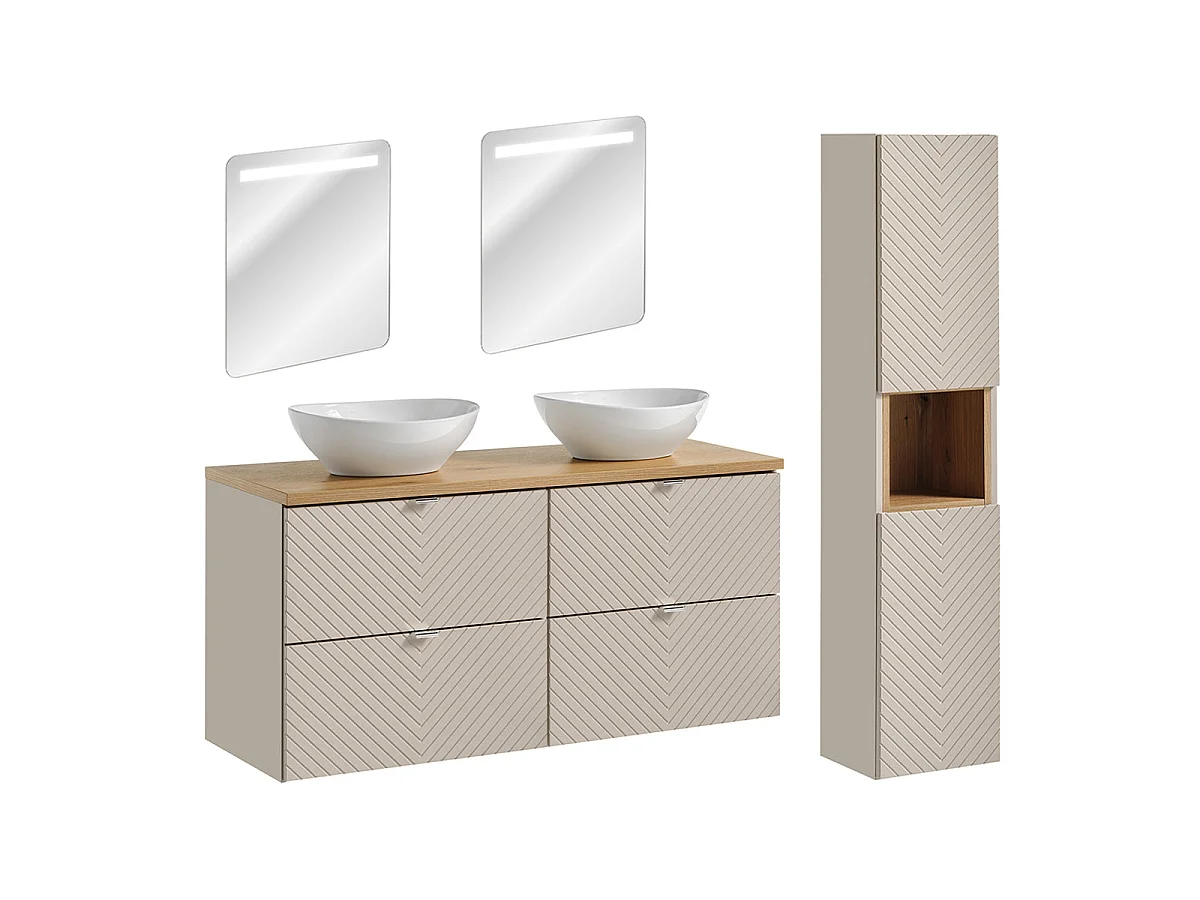 Ensemble meuble double vasque 120cm 4 tiroirs miroirs LED et colonne Manoa Cachemire et Bois