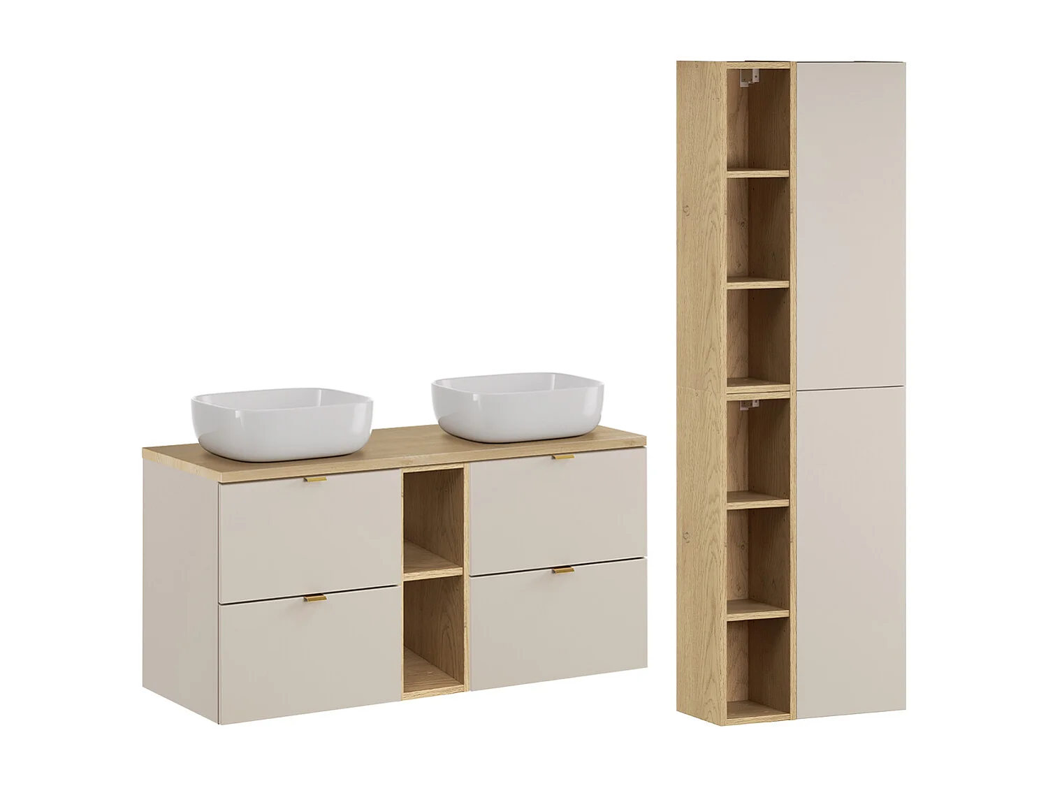 Ensemble meuble double vasque 120cm 2 niches et colonne Azel Cachemire et Bois