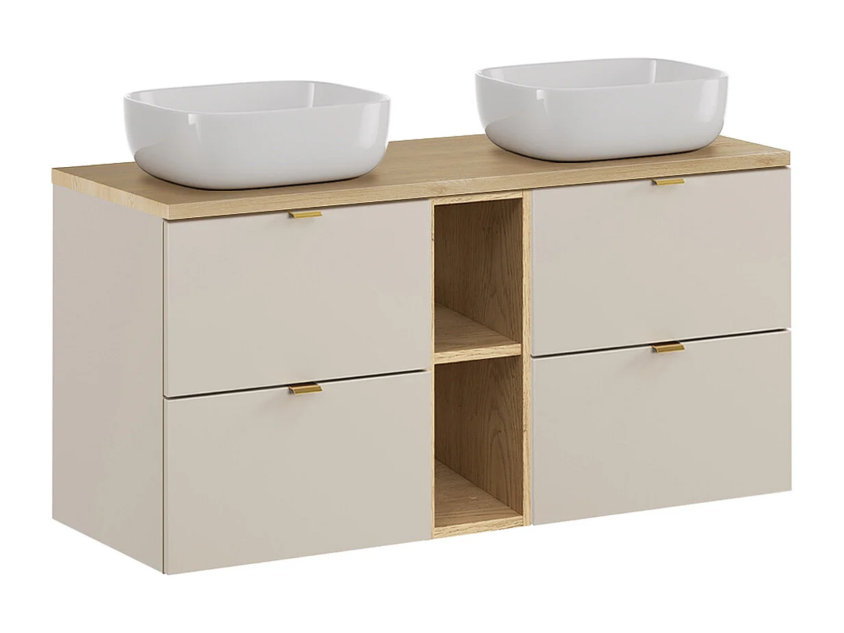 Ensemble meuble double vasque 120cm 2 niches et colonne Azel Cachemire et Bois