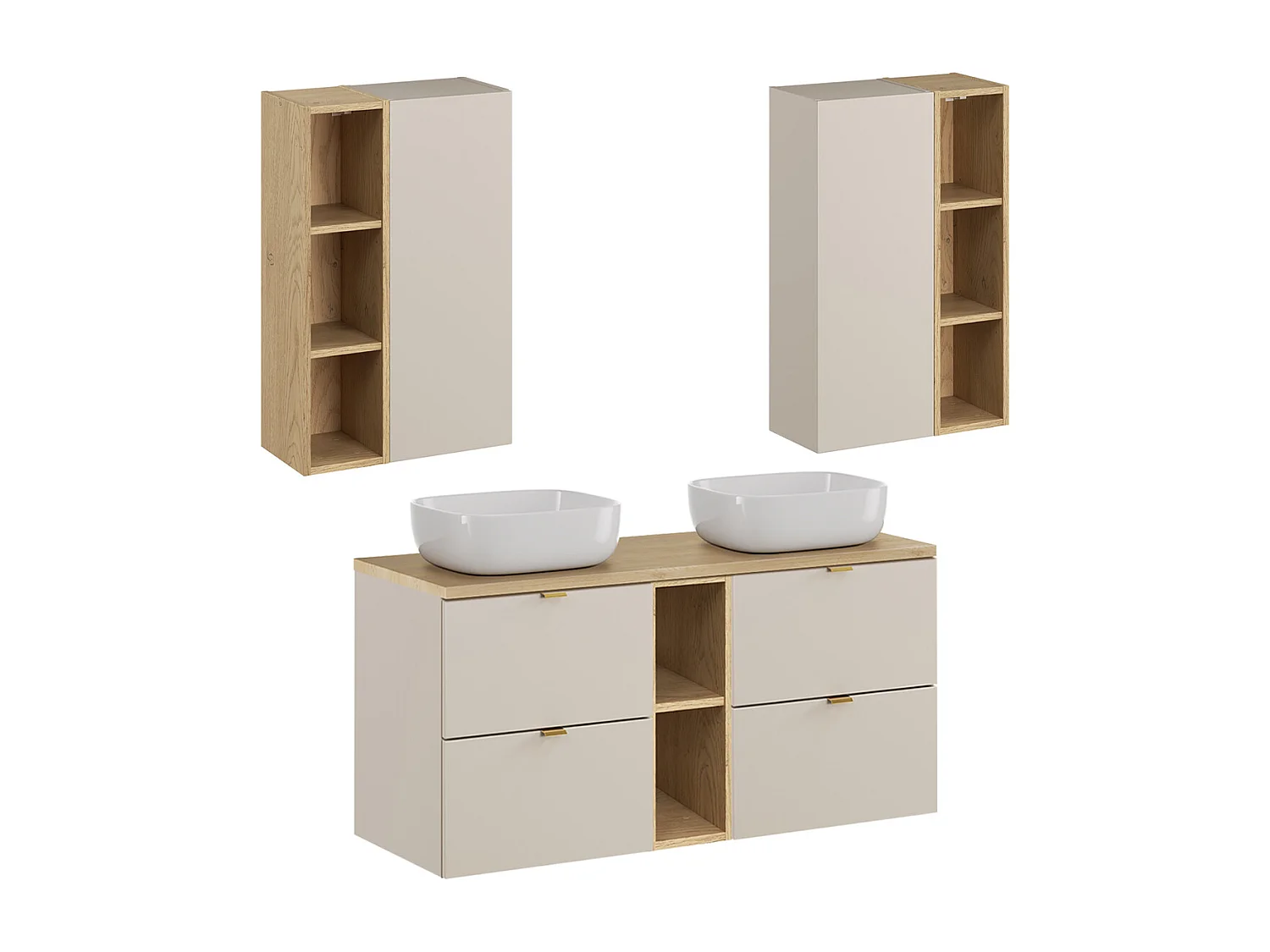Ensemble meuble double vasque 120cm 2 niches et colonne Azel Cachemire et Bois