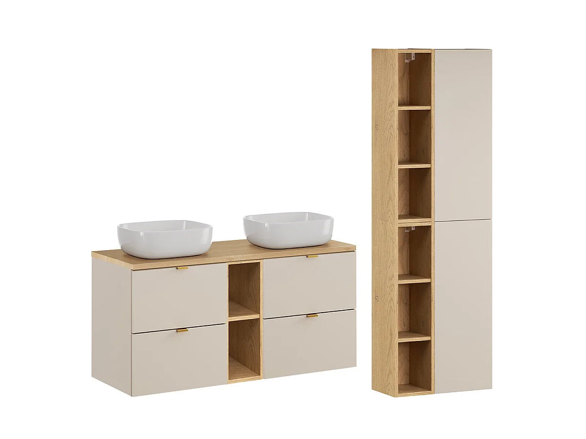 Ensemble meuble double vasque 120cm 2 niches et colonne Azel Cachemire et Bois